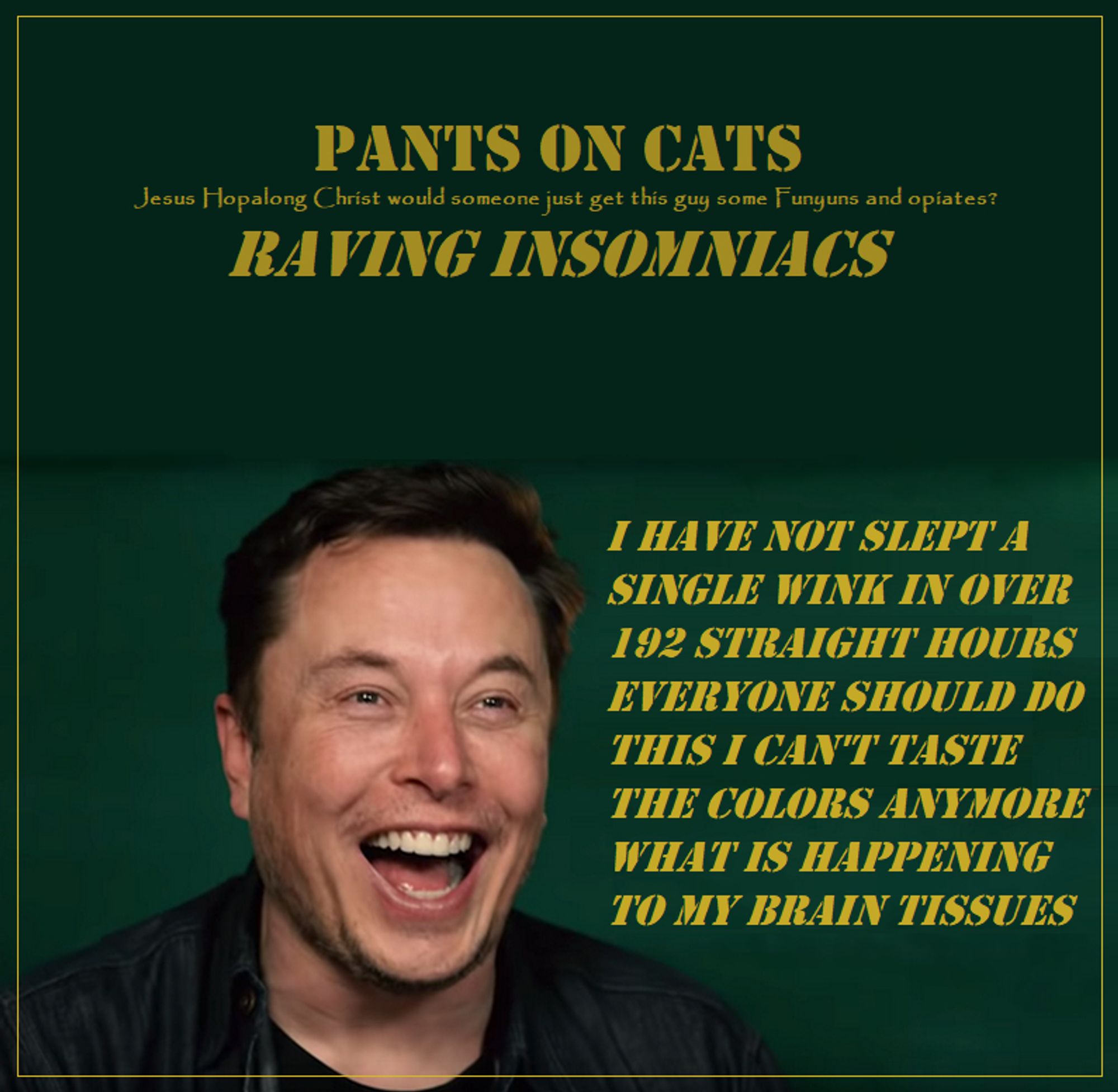 Elon Musk doing his overly talkative thing really loudly in public cuz he wants a whole case of Funyuns THAT BAD