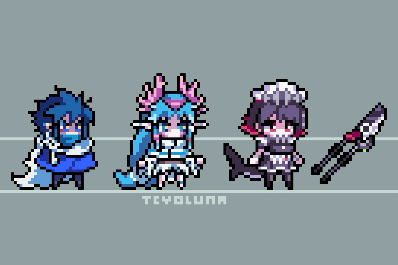 Pixel art sprites of 3 characters. From left to right:
Blizzard (OC), Snowe (OC), Ellen Joe (Fanart - Zenless Zone Zero)