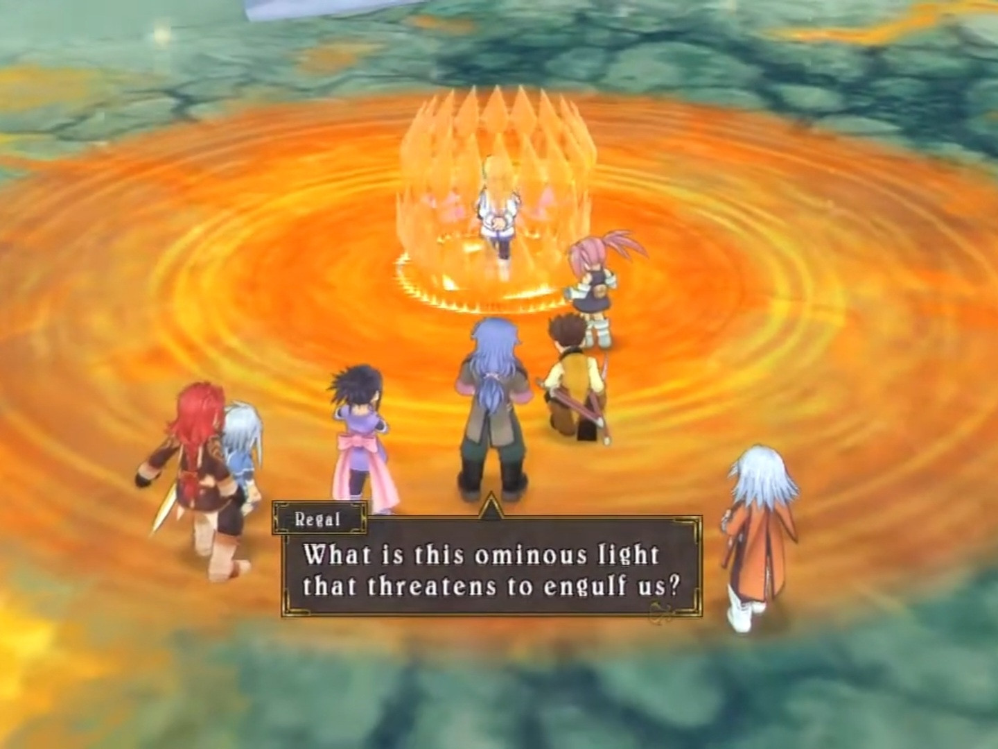 Screenshot from Tales of Symphonia. As orange barrier forms around Colette and emits an orange circle on the ground that has the party in its area of effect, Regal asks: "What is this ominous light that threatens to engulf us?"