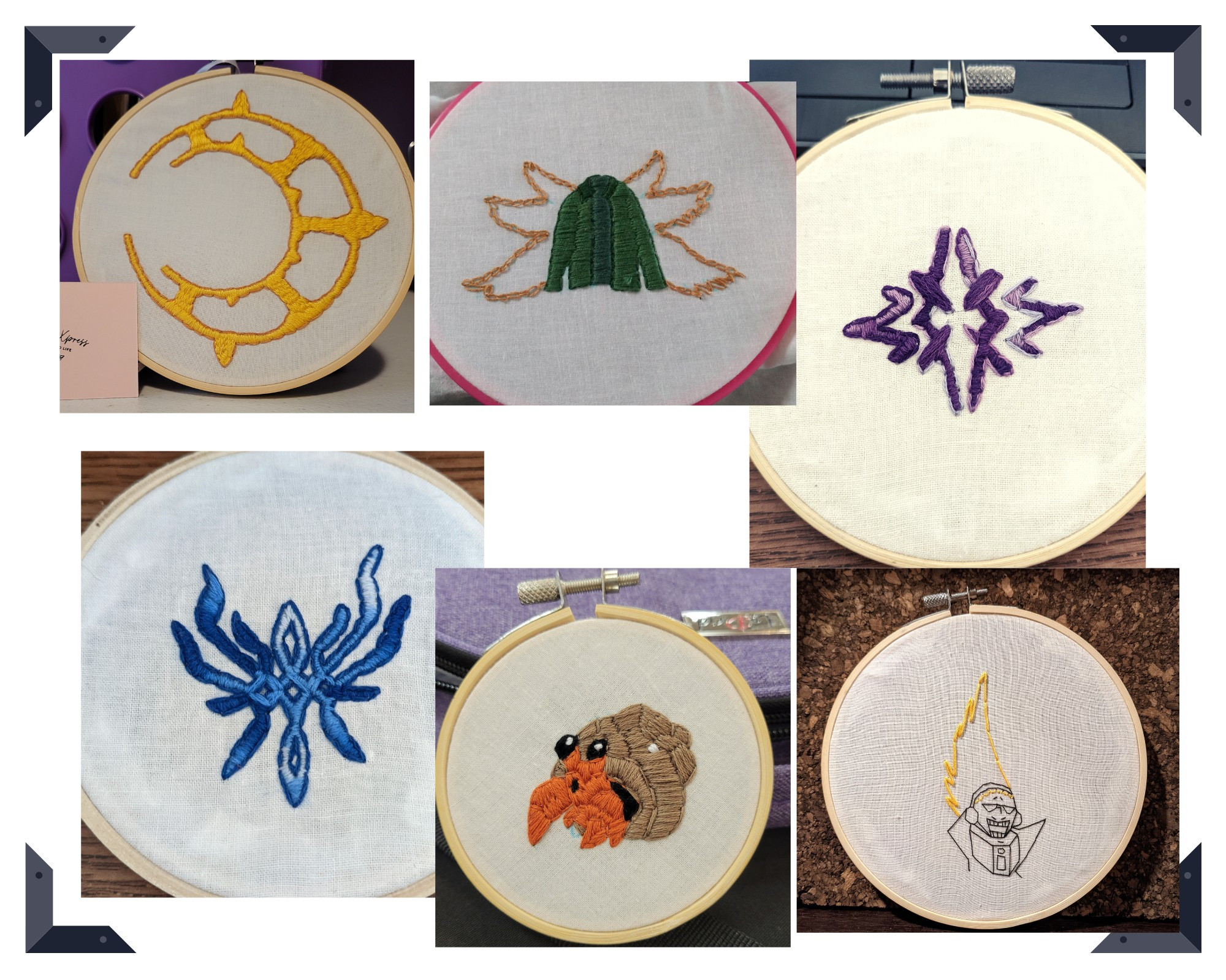 A collage of embroidery photos. Starting top left, there is a yellow Crest of Riegan from Fire Emblem Three houses, to the right is a green jacket with golden wings to represent Gabriel from Supernatural, then a purple Crest of Blaiddyd from Fire Emblem Three Houses. Bottom left is a blue Crest of Flames from Fire Emblem Three Houses, to the right is Dwebble from Pokemon, or an orange hermit crab with a grey shell. Lastly is the outline of Present Mic from My Hero Academia/Boku no hero academia.