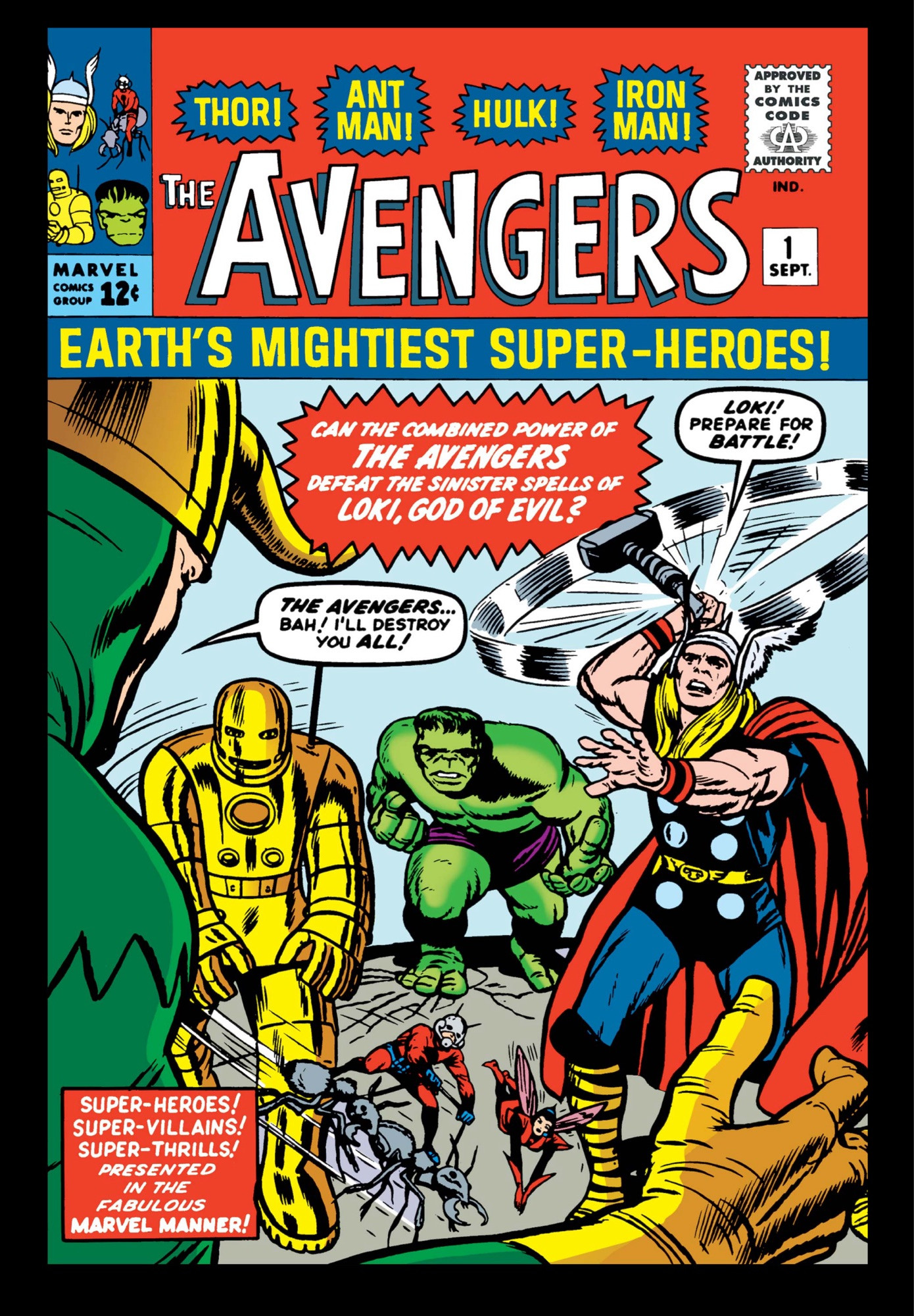 Cover to Avengers #1, iconic image of Loki in the foreground as the team closes in on him