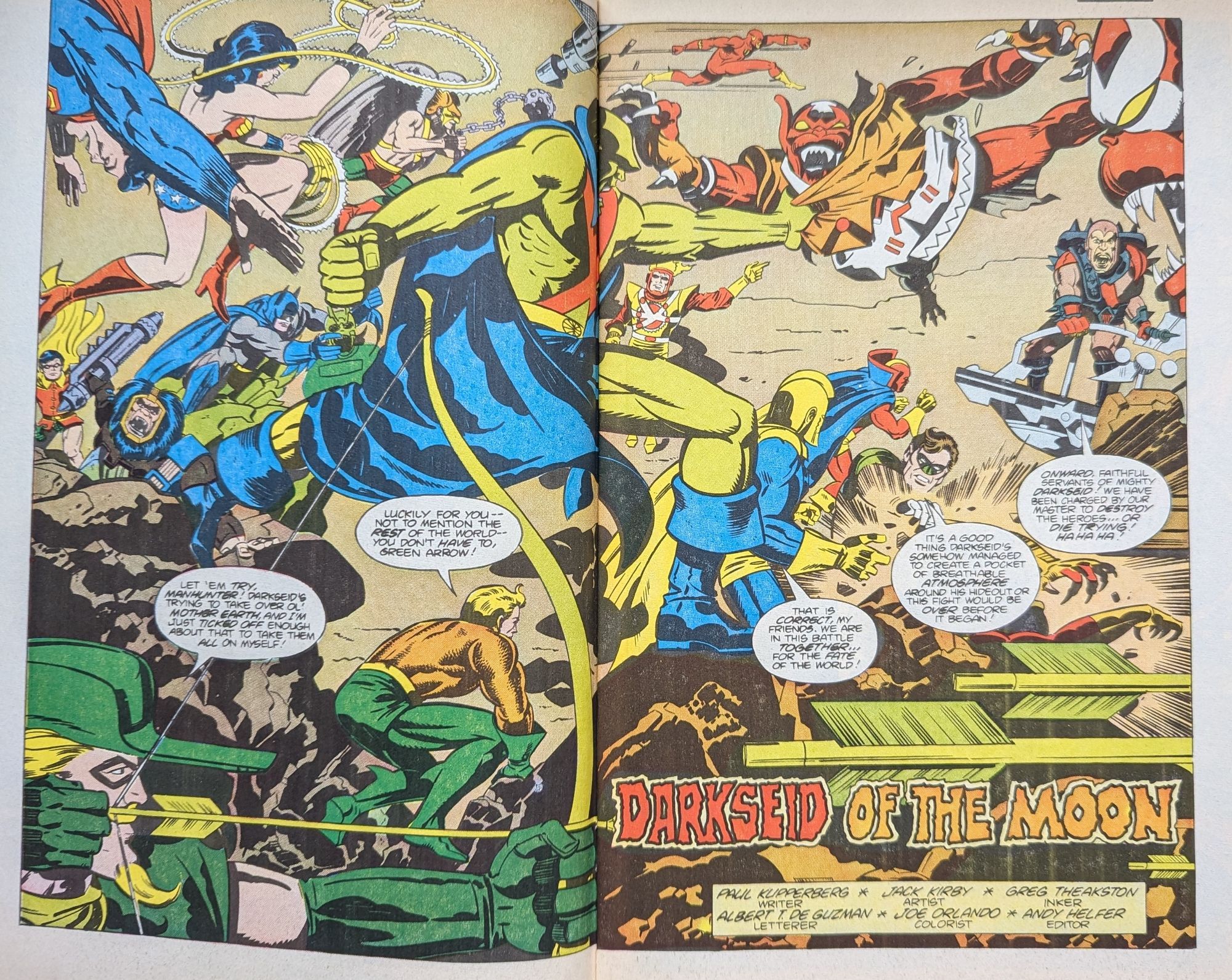 Awesome two page splash with credits

Justice League takes on Darkseids army