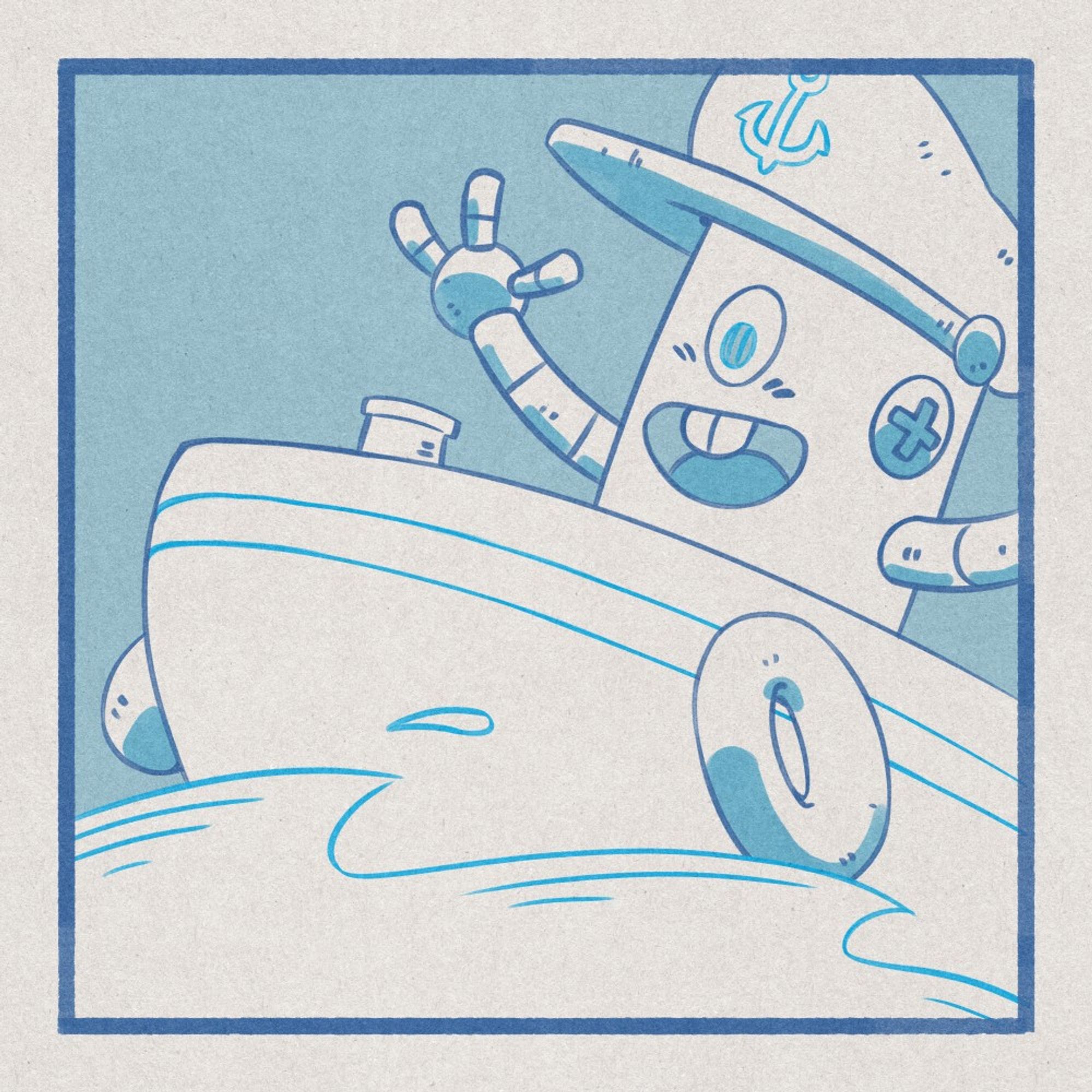 An illustration of a tugboat that has a robot face and arms on its cabin. It is also wearing captain's hat with a anchor symbol on it.