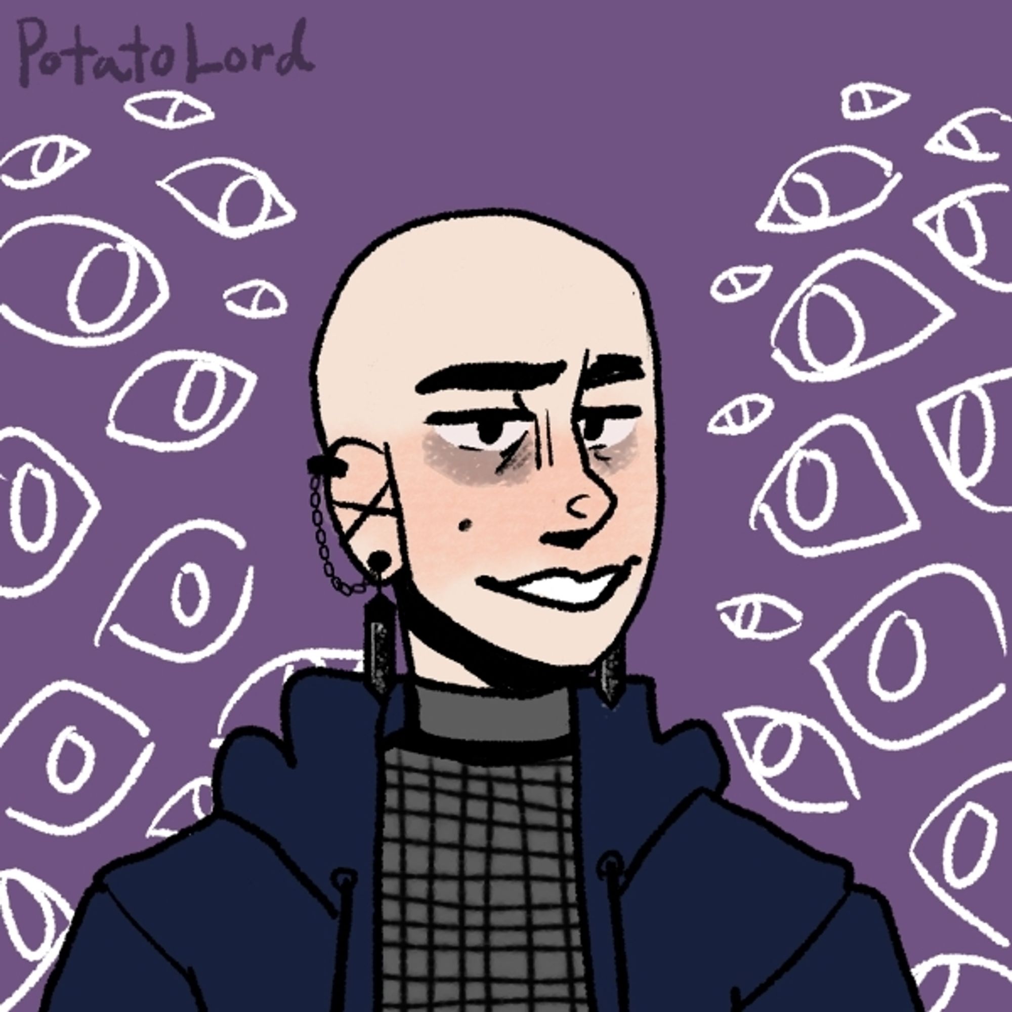 Art base by: PotatoLord on Picrew
A rendition of my IRL self. The background is purple with drawn white eyes framing the left and right sides of the image. I am wearing a grey fishnet top with a navy blue hoodie jacket.