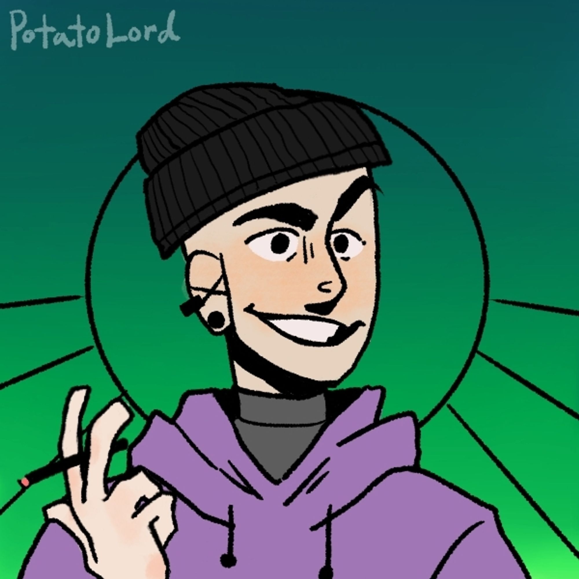 Art base by: PotatoLord on Picrew
A rendition of my IRL self. The background is a gradient green, I am wearing a black beanie hat and a purple hoodie. I am holding a blunt/cigarette.