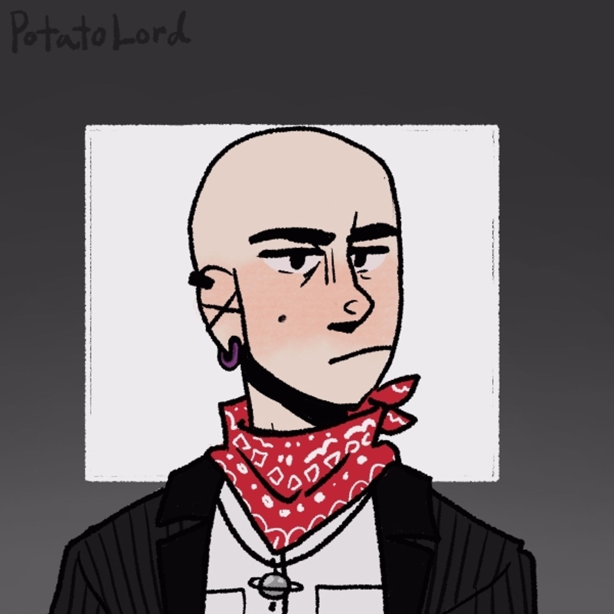 Art base by: PotatoLord on Picrew
A rendition of my IRL self. I am wearing a white shirt with a black jacket and a red neck scarf. The background is medium gray with a white square framing the center.