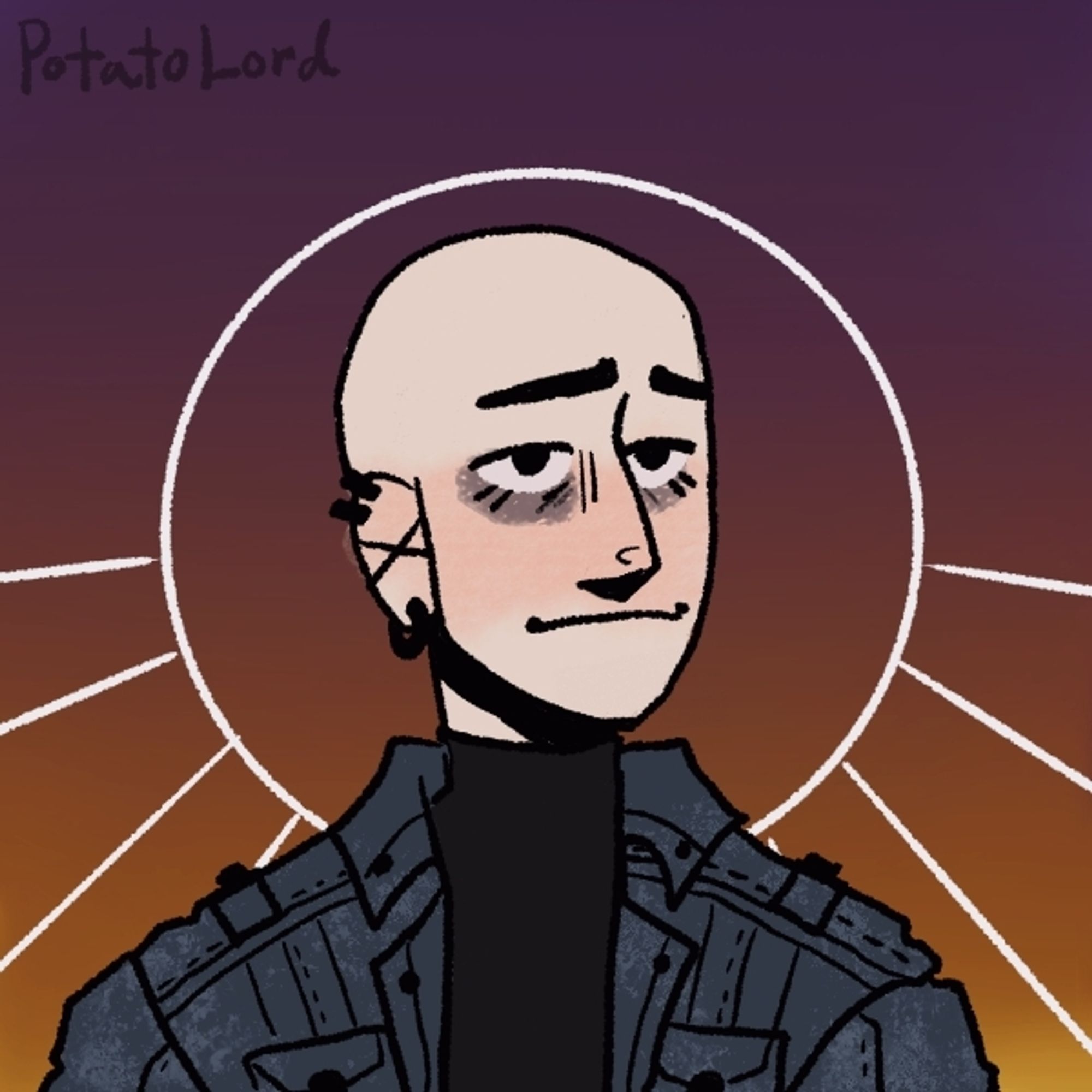 Art base by: PotatoLord on Picrew
A rendition of my IRL self. The background is a gradient from purple to orange/dark yellow. I am wearing a black turtleneck with a dark grey blue jean jacket.