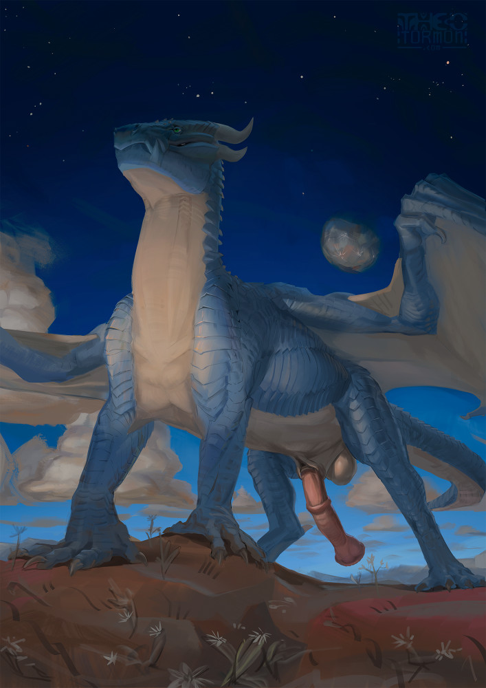 feral western dragon standing on rocks. sky above him deep blue, almost black, like he's at a very high altitude or something. He's got his massive horse schlong swinging in the wind. What did you expect?