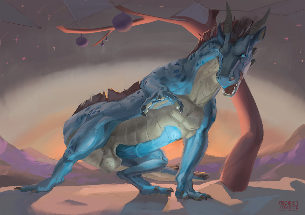 Feral dragon wingless before sunset with blue equine erection