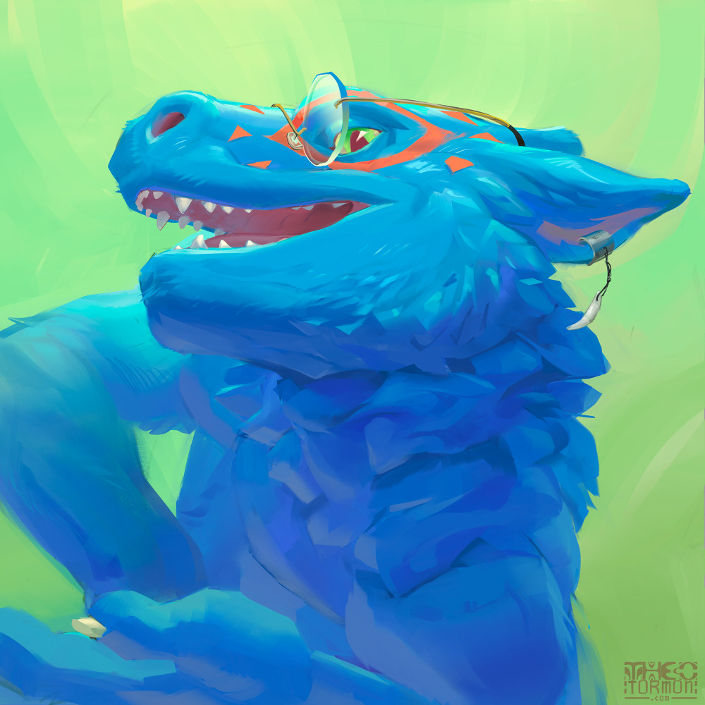 anthro dragon portrait, lil blue guy saying something probably interesting, what's he up to? Coyote knows. 