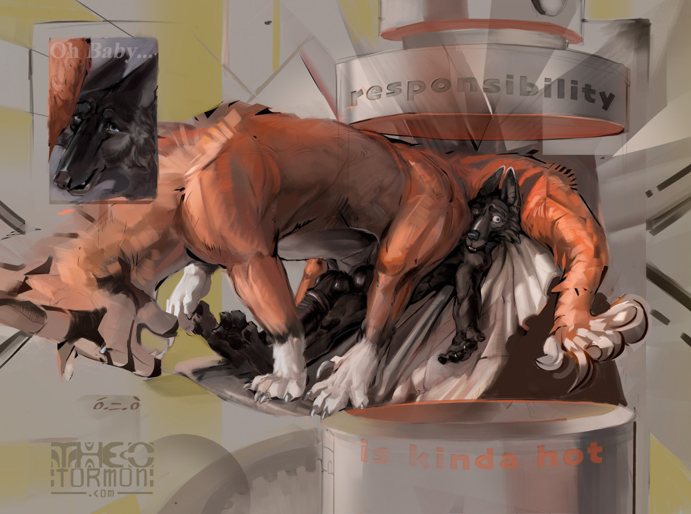 Orange Felkin sitting back on black anthro dog. Big guy has dong out. Stylized sort of hydraulic press looking thing above and below the dog on the right, saying "Responsibility is kinda hot."Top left: portrait of dog just before ass-impact. The dog's into it. 