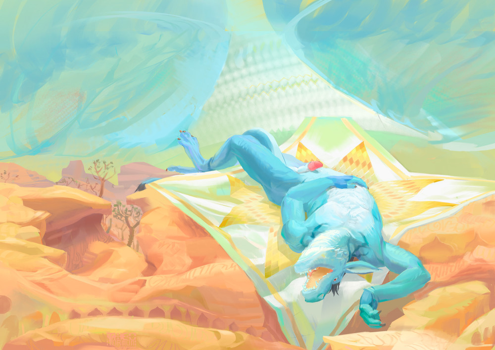 Blue anthro dragon relaxing upside down on a sun quilt on a desert rock.