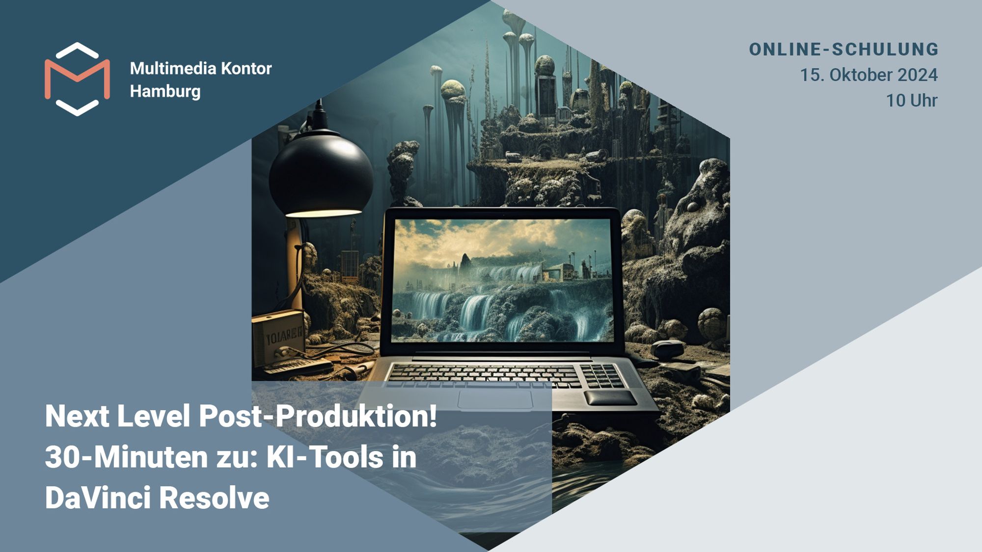 Ein surrealistisches KI Bild und der Text: Next Level Post-Produktion! 30-Minuten zu: KI-Tools in DaVinci Resolve