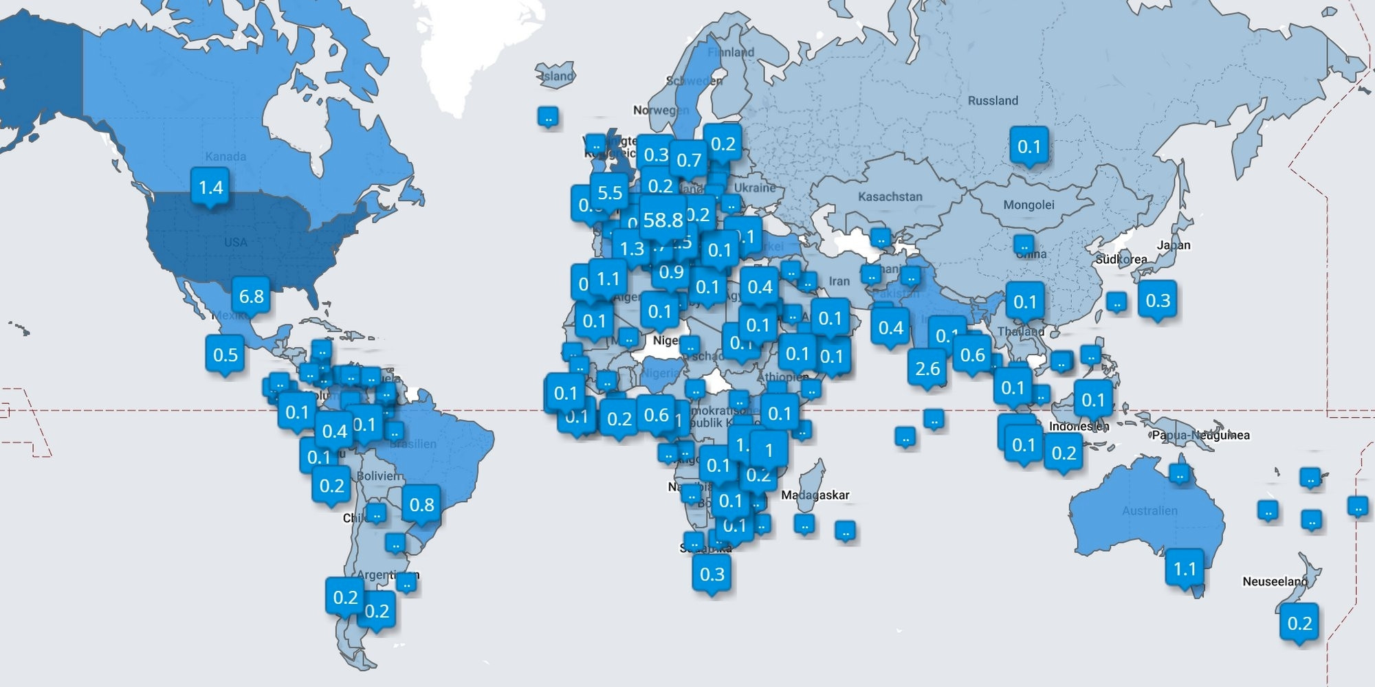 Twitter world map, showing percentage of followers for @parents4future

Location	Followers
Germany	58.77%
USA	6.78%
UK.	5.48%
India	2.62%
Austria	2.53%
Switzerland	1.74%
Canada	1.44%
France	1.27%
Australia	1.12%
Uganda	1.11%
Spain	1.11%
Kenya	0.96%
Italy	0.86%
Netherlands	0.85%
Brazil	0.83%
Belgium	0.8%
Sweden	0.7%
Bangladesh	0.61%
Nigeria	0.57%
Ireland	0.57%
Mexico	0.48%
Colombia	0.4%
Türkiye	0.37%
Pakistan	0.37%
South Africa	0.32%
Japan	0.32%
Norway	0.28%
Portugal	0.26%
Denmark	0.25%
Argentina	0.25%
Chile	0.24%
Poland	0.22%
Finland	0.2%
Tanzania	0.2%
Ghana	0.19%
Peru	0.19%
Indonesia	0.18%
New Zealand	0.16%