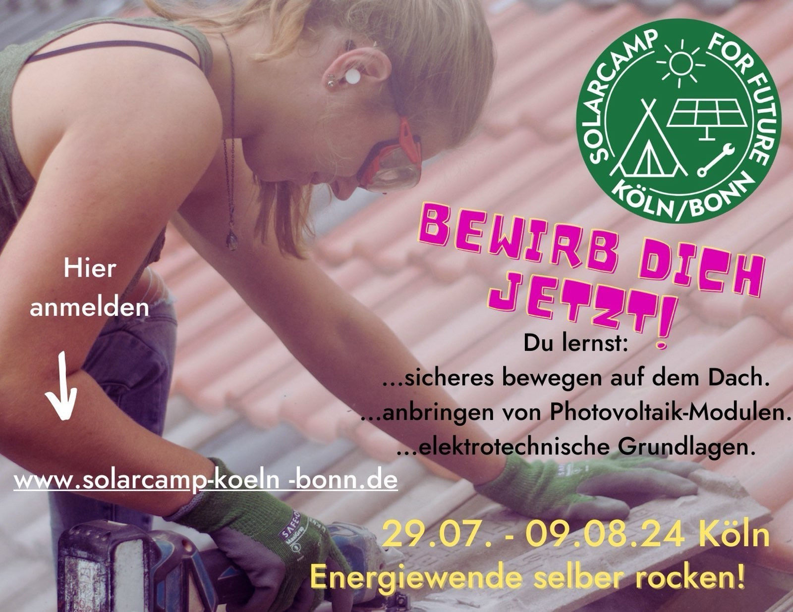 Sharepic: Bewirb dich jetzt! 29.07. - 09.08.2024 #Solarcamp Köln/Bonn