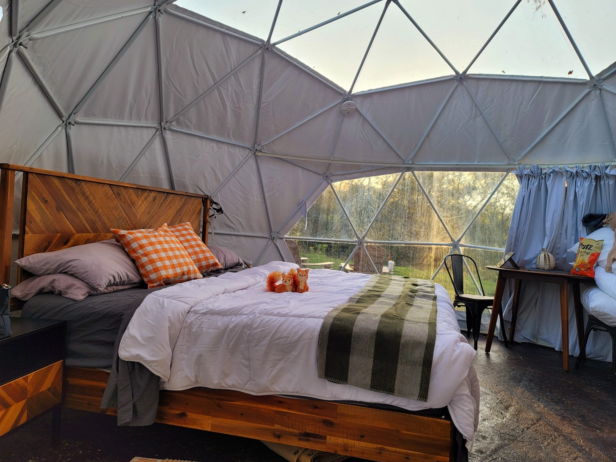 Dome tent with king bed. Ceiling and one wall have clear panels to see the sky.