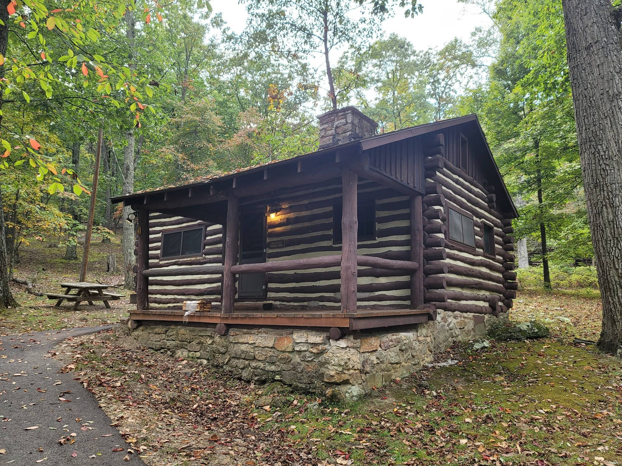 Log cabin with chinking. Green trees surrounding the cabin.