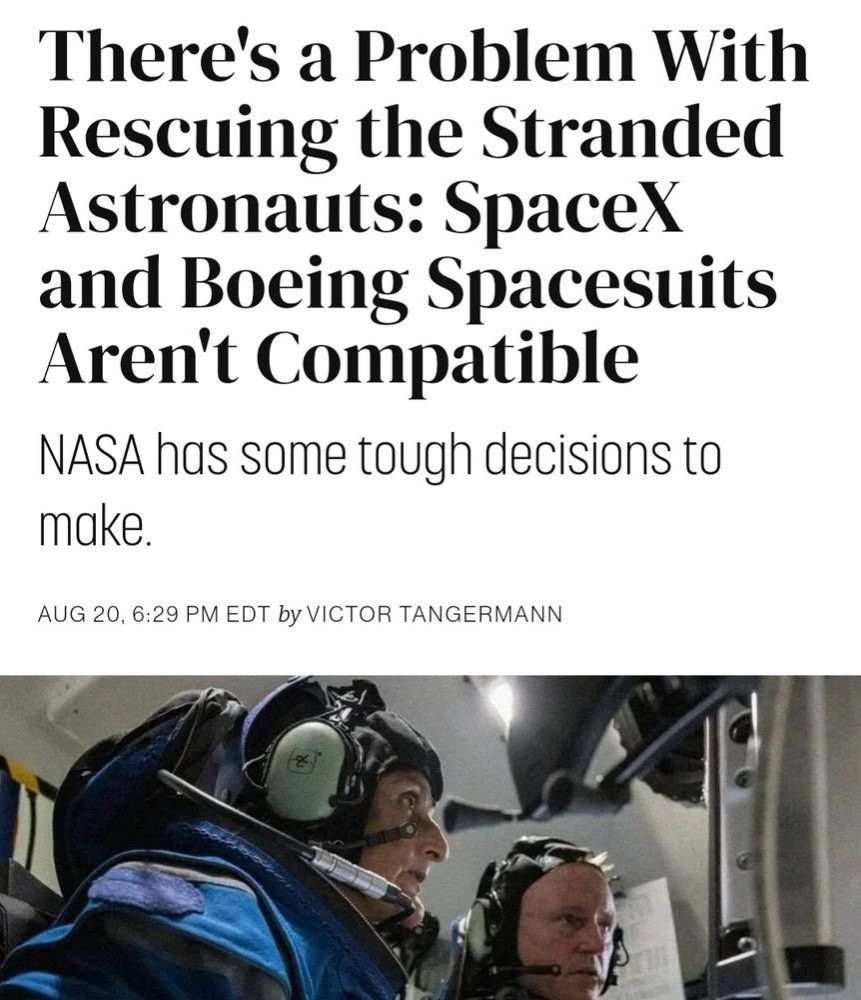 Headline: "There's a problem with rescuing the stranded astronauts: SpaceX and Boeing spacesuits aren't compatible"