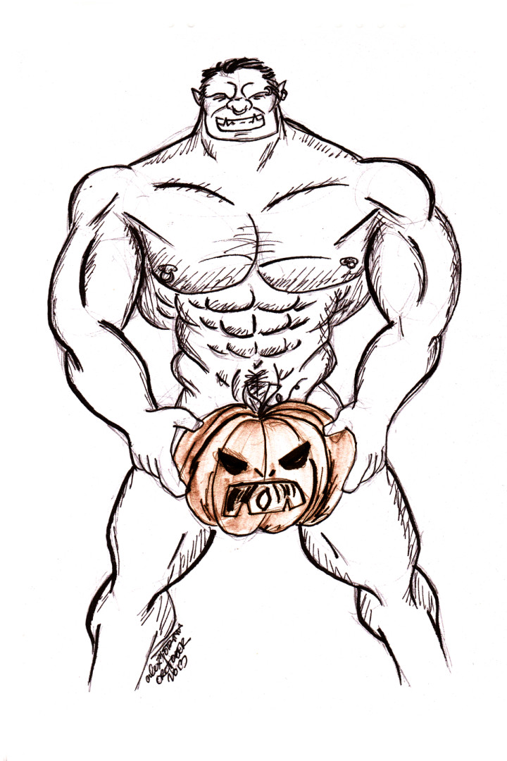 Tuskbuddy Exchange 2024 - Orctober Pumpkin; An ink piece of an orc holding a pumpkin