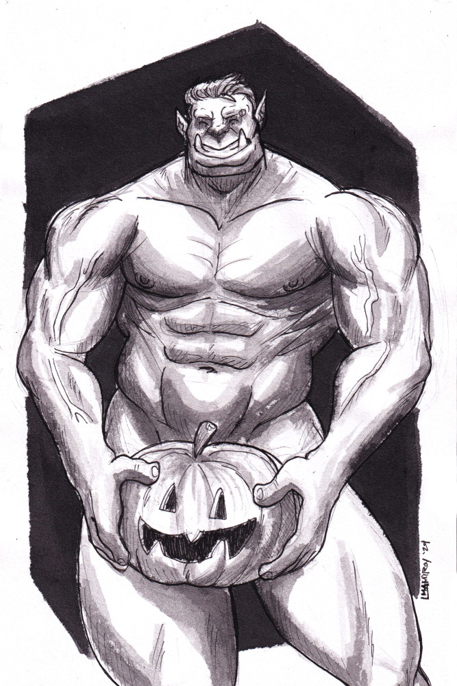 Tuskbuddy Exchange 2024 - Orctober Pumpkin; An ink piece of an orc holding a pumpkin