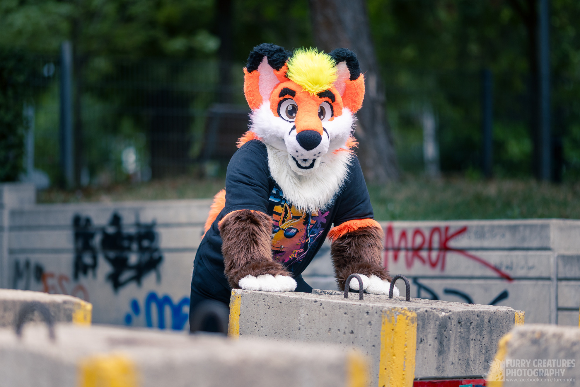 Orange cartoony fox leans over a cinderblock and smiles at the viewer on a nice sunny day