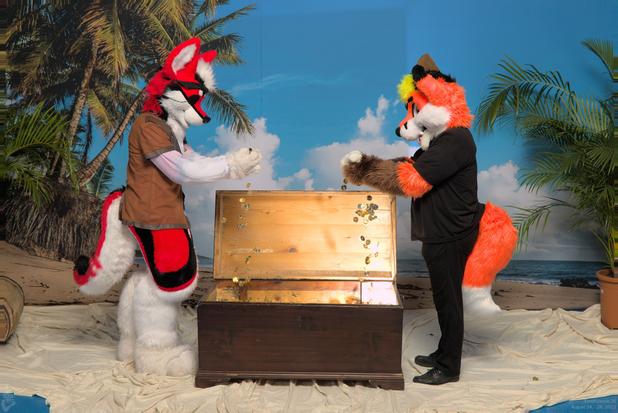 Red and white husky pirate and orange fox pirate finds a treasure chest filled with gold and then they take out the gold and the coins spill from their paws back into the treasure chest. They are excited that they found gold, so you should be too because it is quite rare to find so much money and it's like super awesome and like omg OwO