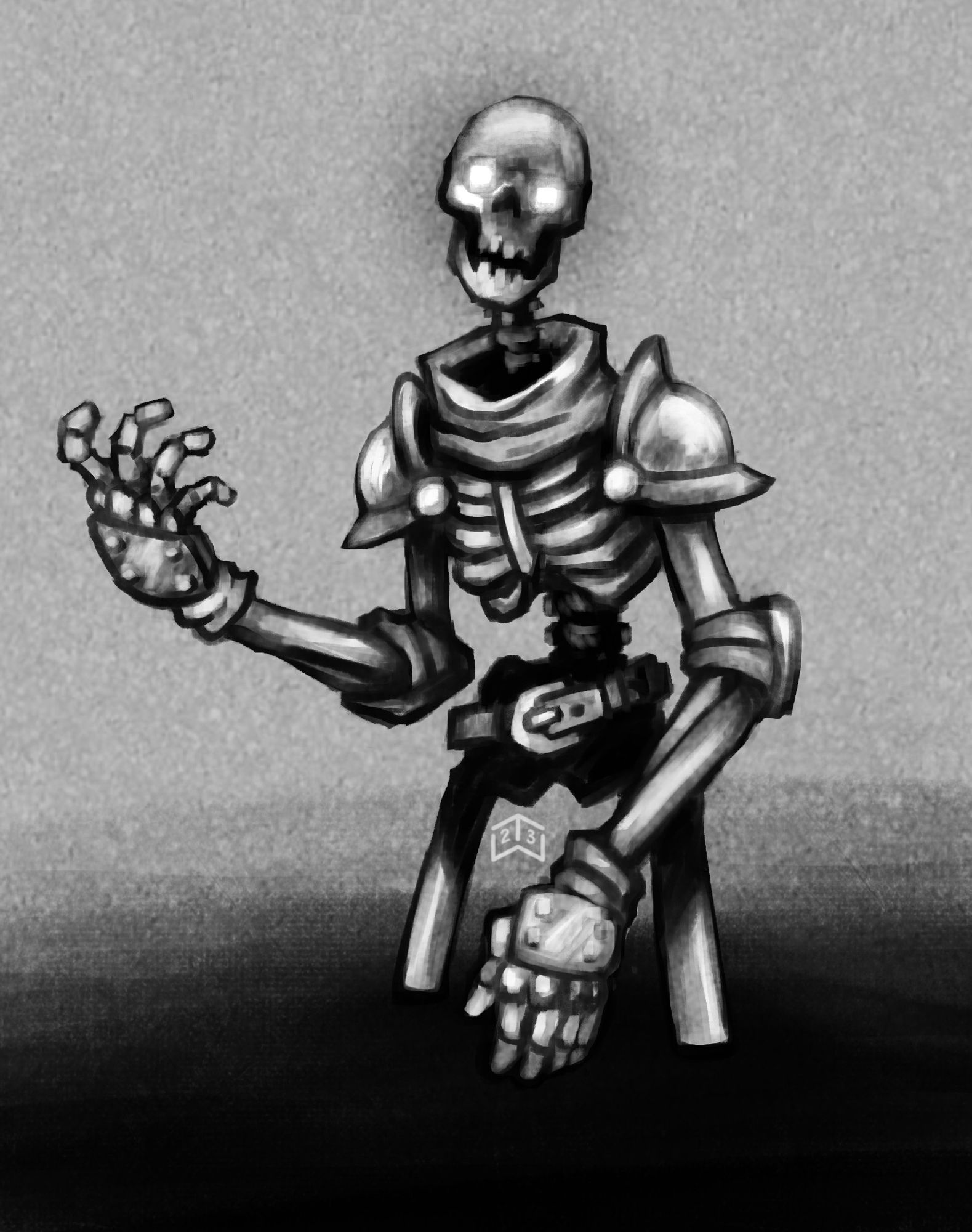 Digital drawing of a fantasy skeleton with glowing eyes and armor.