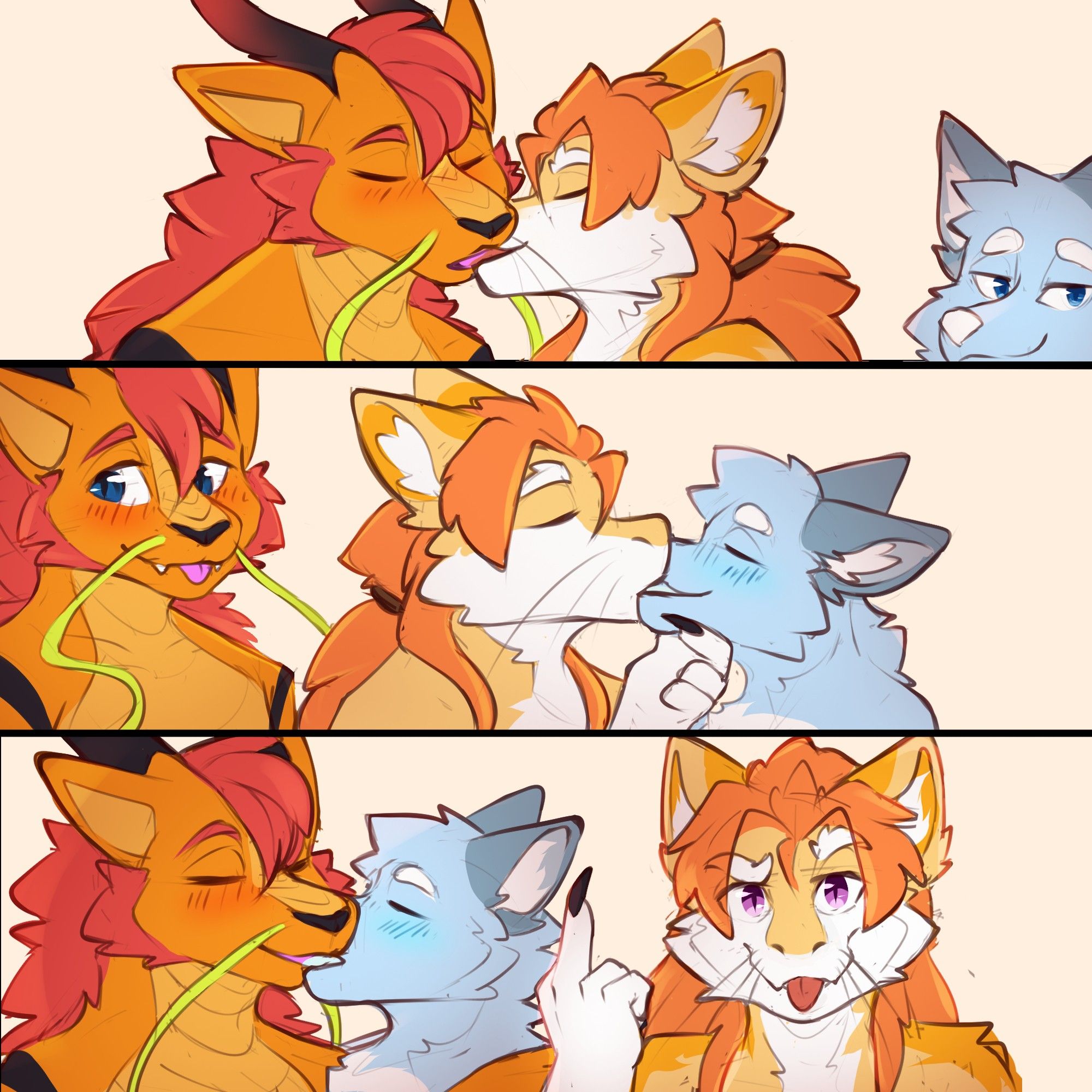 three panel image featuring Ziti, an orange and red dragon, Meijer, an orange and white dragon, and Frost, a blue wolf.
first panel: Ziti and Meijer are kissing. Frost is to the right of them, looking into the camera smugly
second panel: Meijer and Frost are kissing. Ziti is off to the left, blushing with his tongue sticking out a little.
third panel: Ziti and Frost are kissing. Meijer looks straight into the camera with a smug blep, and holds up his middle finger.