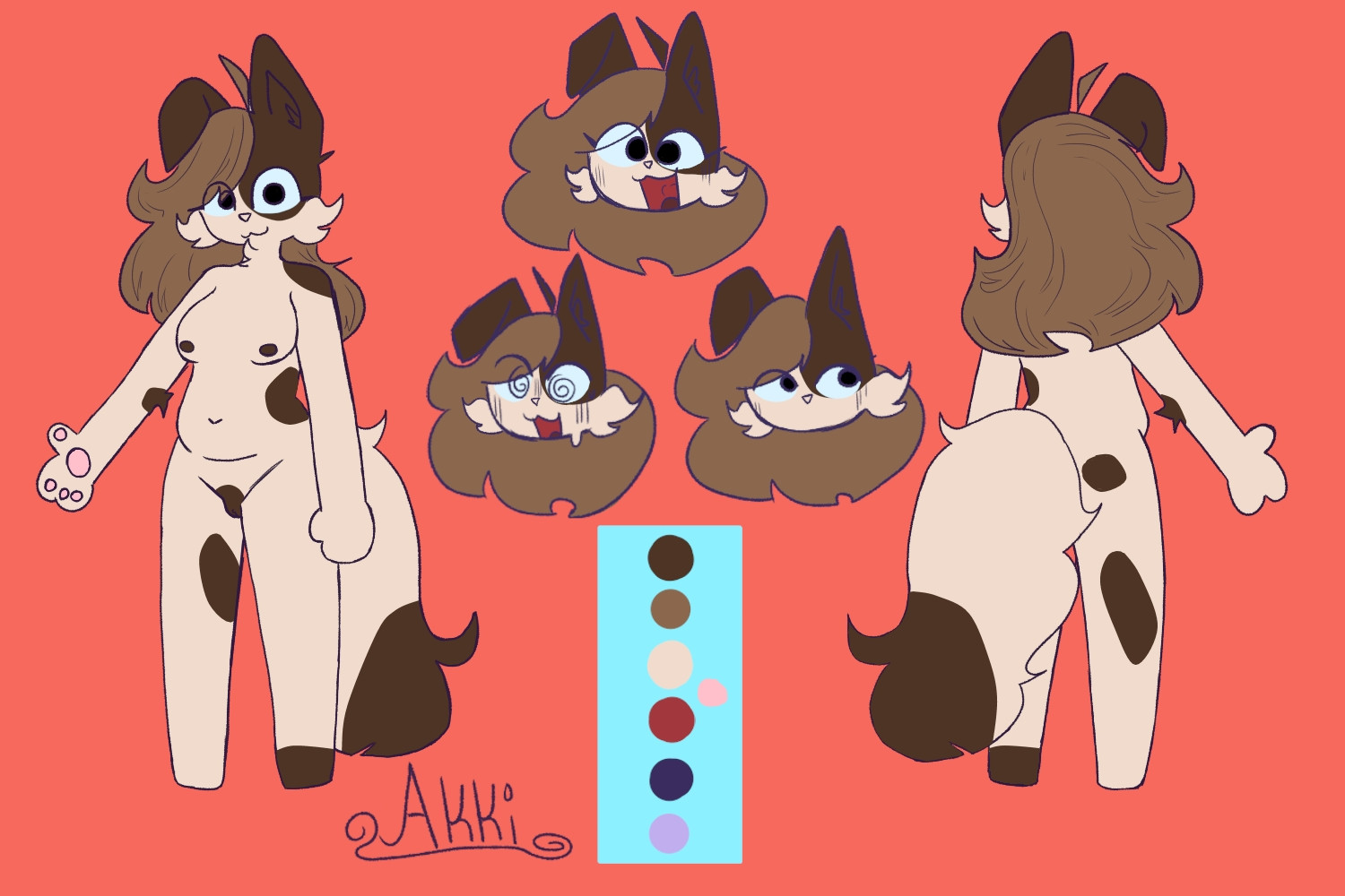 This is the not safe for work reference sheet for Akki the Dog, a character for NSFW art. She is a tan dog with brown spots all over her body, including on her side, shoulder, thigh, foot, tail and pussy.