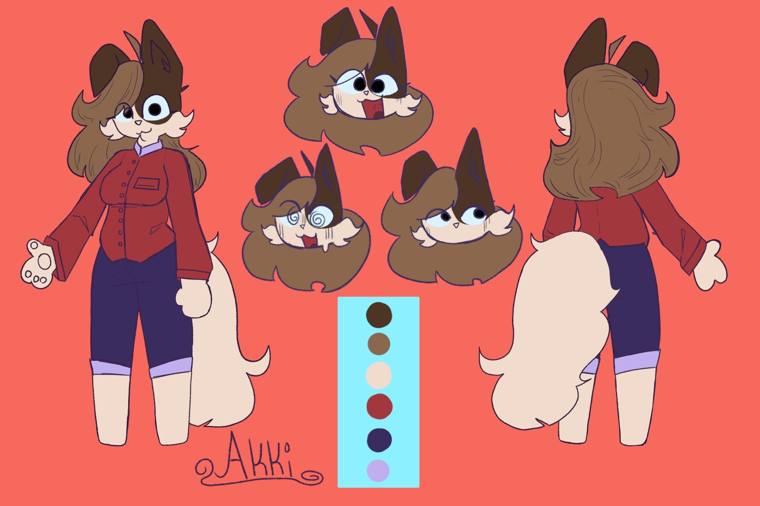 This is the safe for work reference sheet for Akki the Dog, a character for NSFW art. She is wearing a red work shirt, blue shorts, and has tan fur with brown spots. The image provides a front and back view, as well as three expressions, happy, surprised, and neutral.