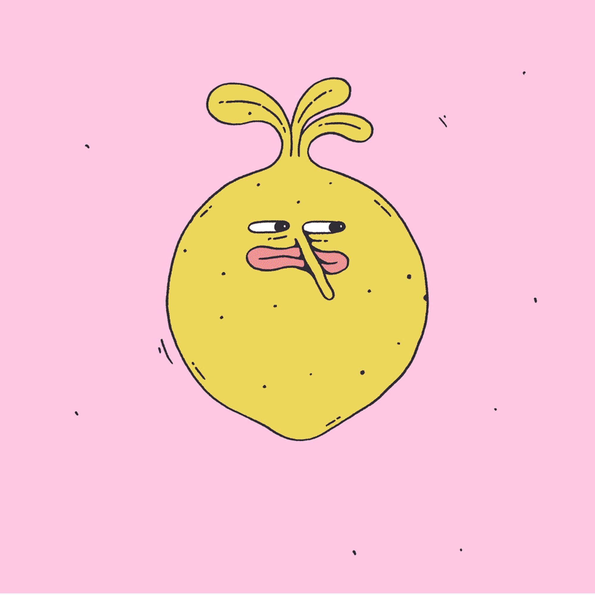 Cartoon animation, showing a lemon with a face, who gets eaten by an amoeba thing which gets a real crazy looking face, which gets eaten by a pink guy with bunny ears, who gets squished by platforms, and if this is sounding weird, so is the animation but in the best kind of way