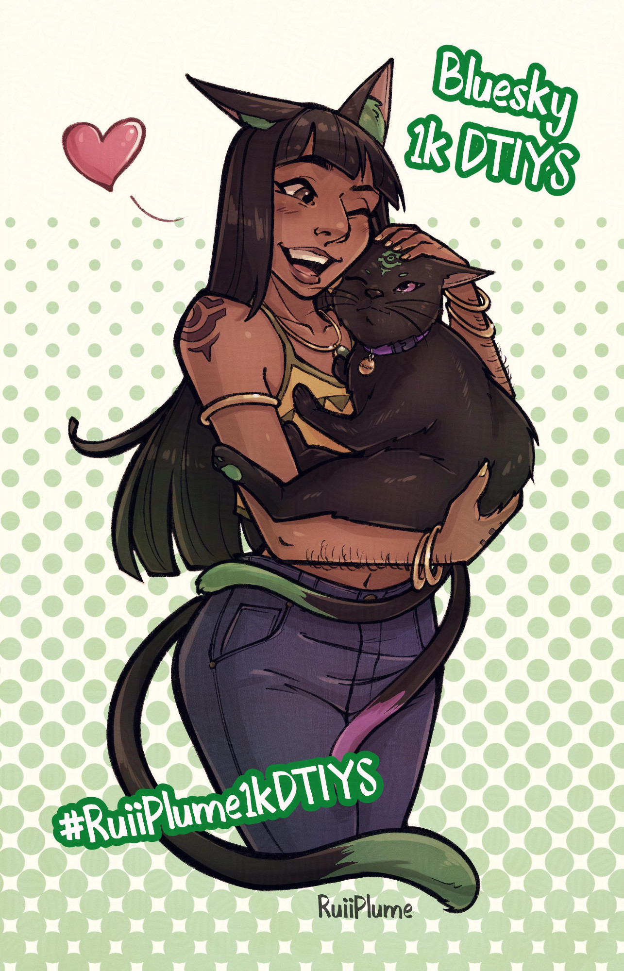 Zari and Cocoa from my upcoming comic PowerTwined. A cat woman with green ear muffs holding a black cat with two tails, green and violet tips at the end, violet eyes and purple collar.

Bluesky 1k DTIYS #RuiiPlume1kDTIYS