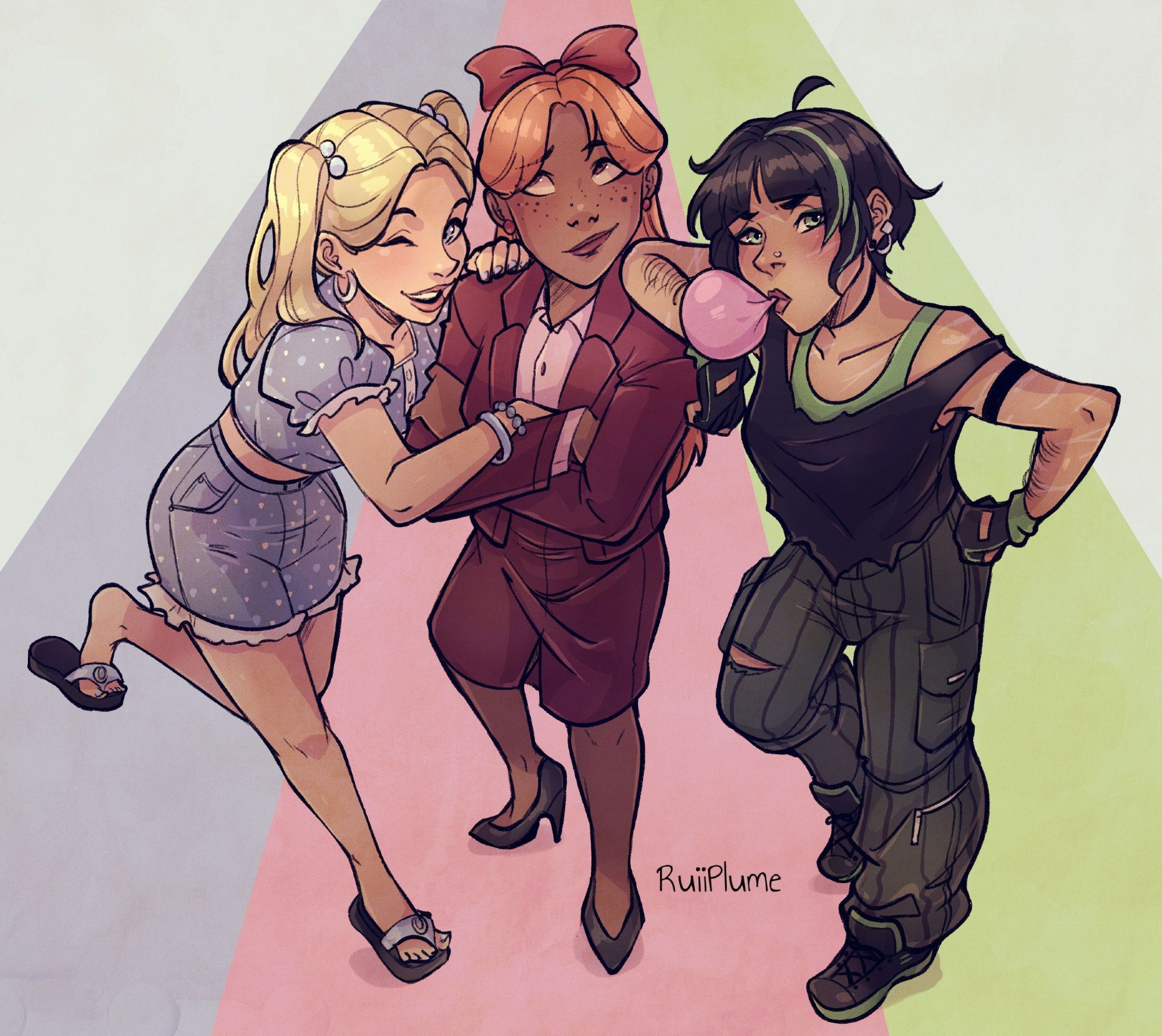 Power puff girls but as adult women, standing on their corresponding color slightly foreshortening view.