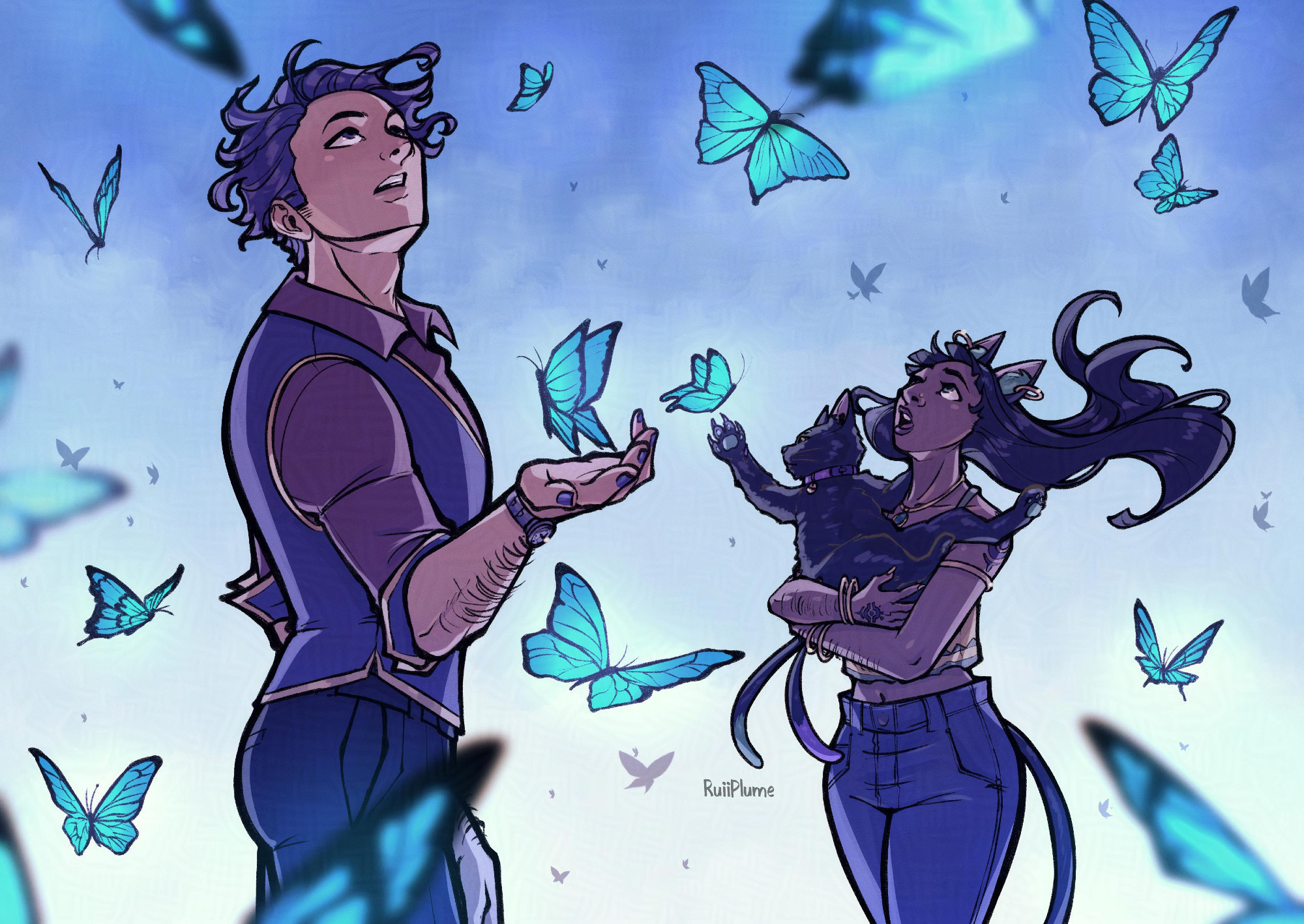 My OCs Frankie, Zari and Cocoa from my upcoming comic PowerTwined. The three are all surrounded by glowing blue butterflies.