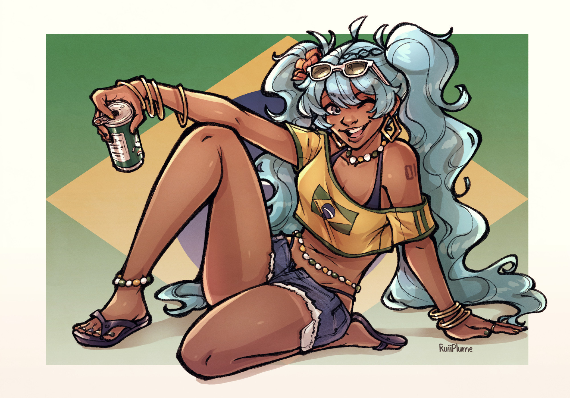 Brazilian Miku knealing and winking at the viewer. A woman with tan skin, tan lines, light blue hair, sunglasses, 4 gold bracelets on each wrist, yellow, white and green beaded bracelets on her ankle, waist and around her neck. She holding a green can of soda. She's also wearing ripped denim shorts with straps sticking out hugging her hips and flip flops. She has a red flower on her head.