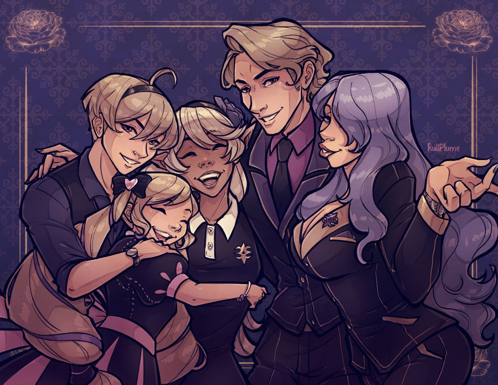 Nohrian family featuring 5 people, all with blond hair except for Camilla (far right) with purple hair. Purple background with faded gold vintage patterns and a gold border with matching rose corners around them.