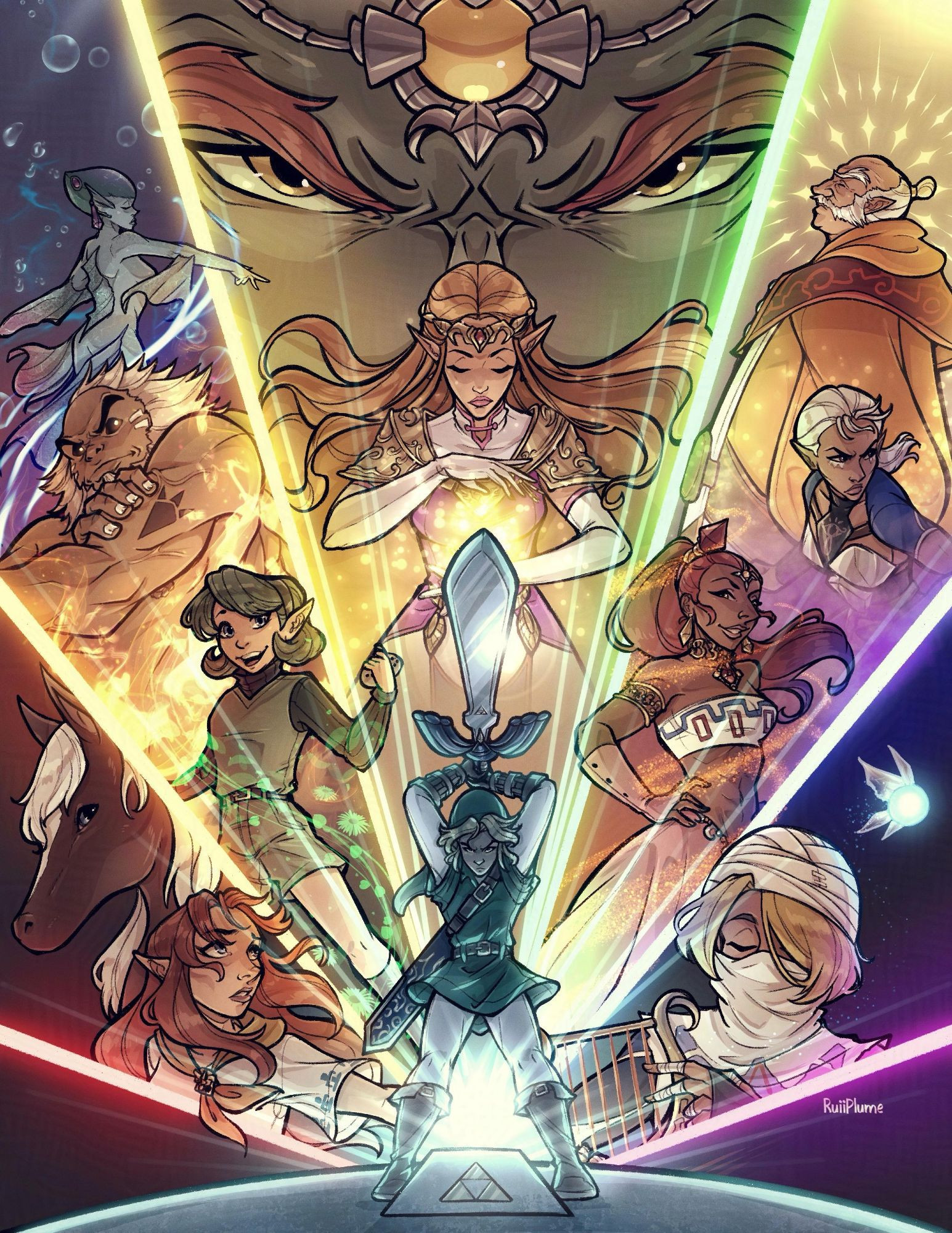 Mock Poster of Ocarina of time featuring: Link, Zelda and eyes of Ganondorf in the middle; Epona and Malon at far left; Saria, Darunia and Ruto at second left; Nabooru, Impa and Rauru at second right; and Sheik and Navi at far right. Each section is divided by 6 lines making a rainbow.