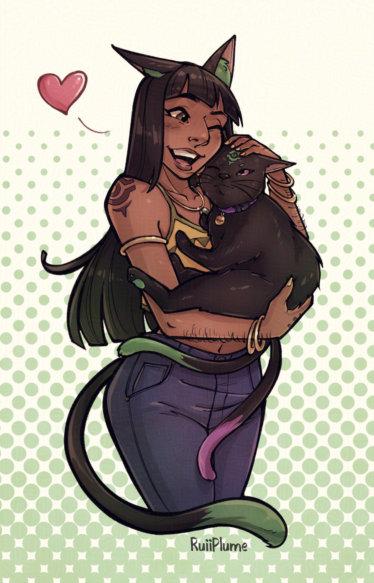 Zari and Cocoa from my upcoming comic PowerTwined. A cat woman with green ear muffs holding a black cat with two tails, green and violet tips at the end, violet eyes and purple collar.