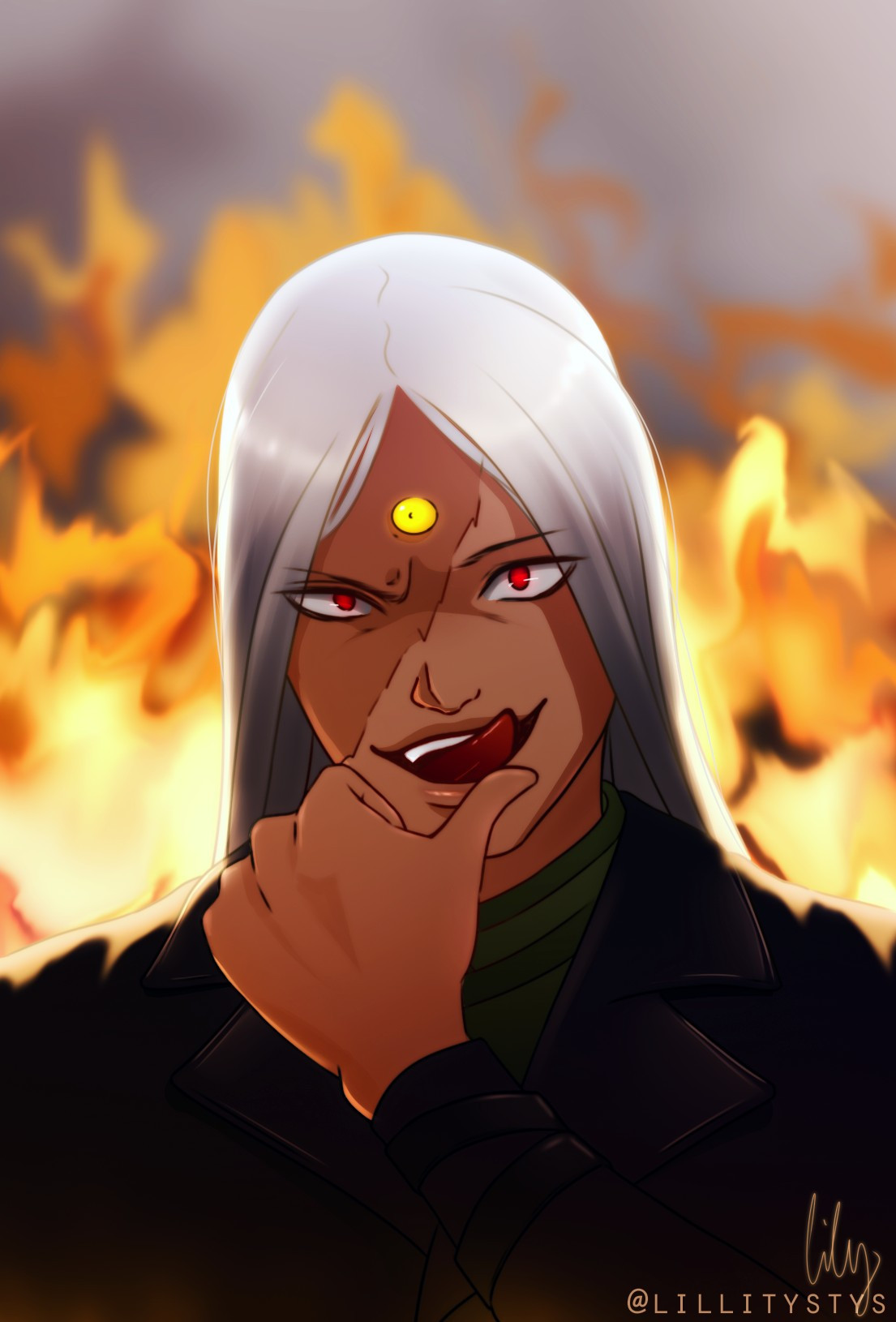 Drawing of the character Evankhell from webtoon Tower of God, she is pictured licking her lips with a devilish smile, with a wall of fire behind her.