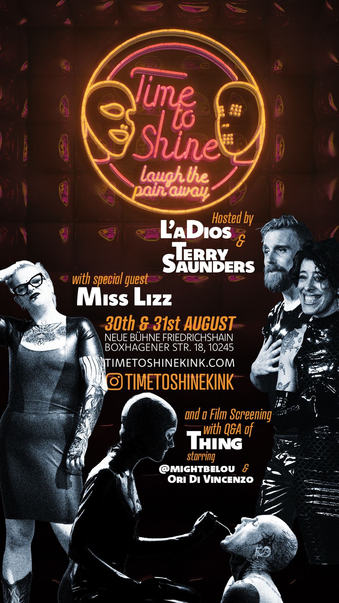 A poster for Time to Shine, a kinky comedy night in Berlin featuring the stars all in latex