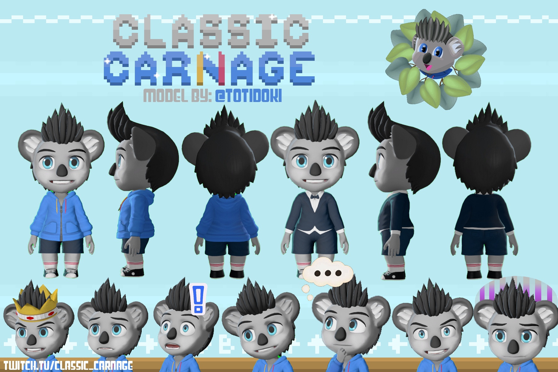 Carnage, the Koality vtuber’s ref sheet with both standard and alt outfit.