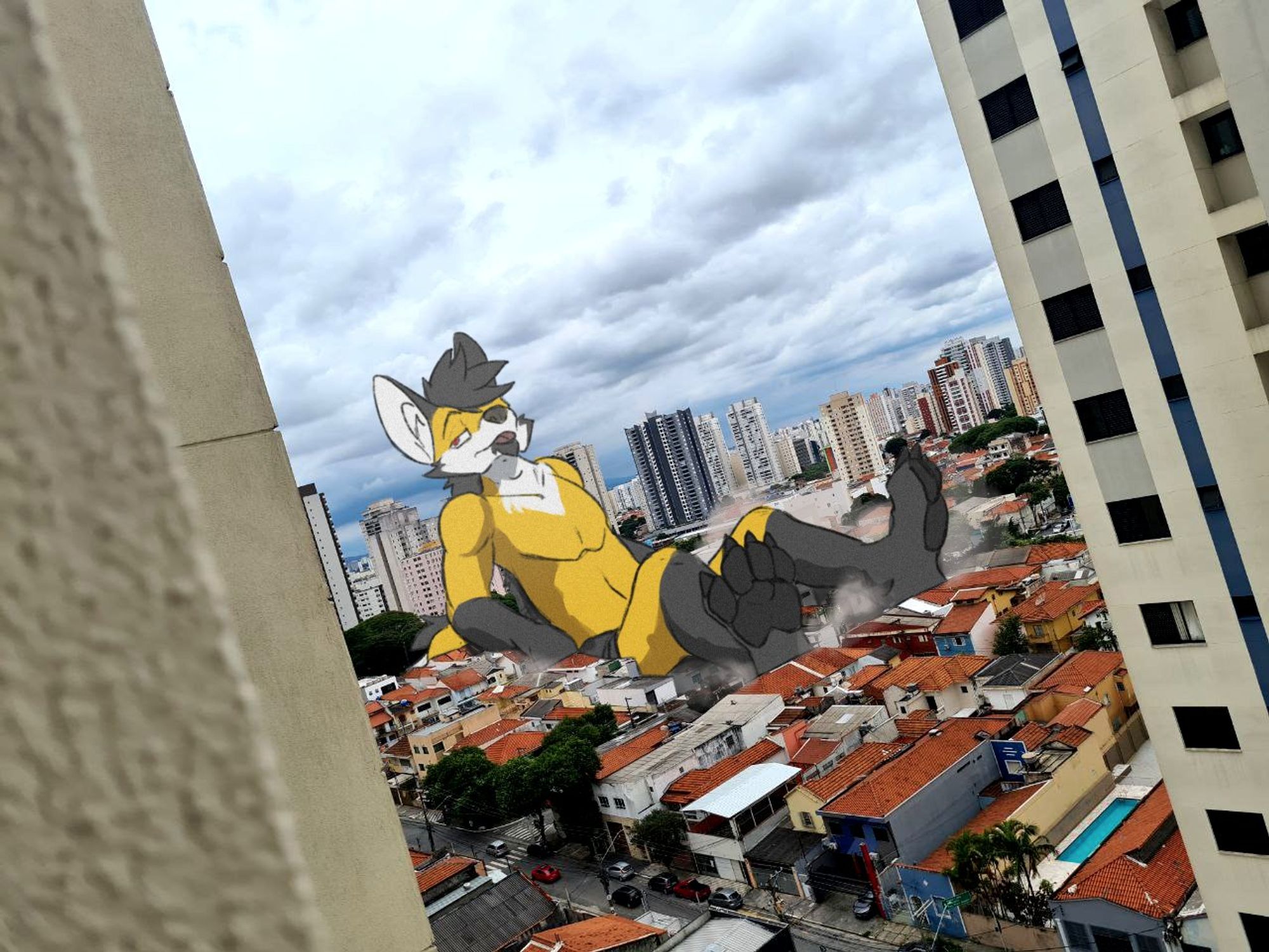 Drawover of a picture of suburban São Paulo with macro Maney waking up on top of several houses.