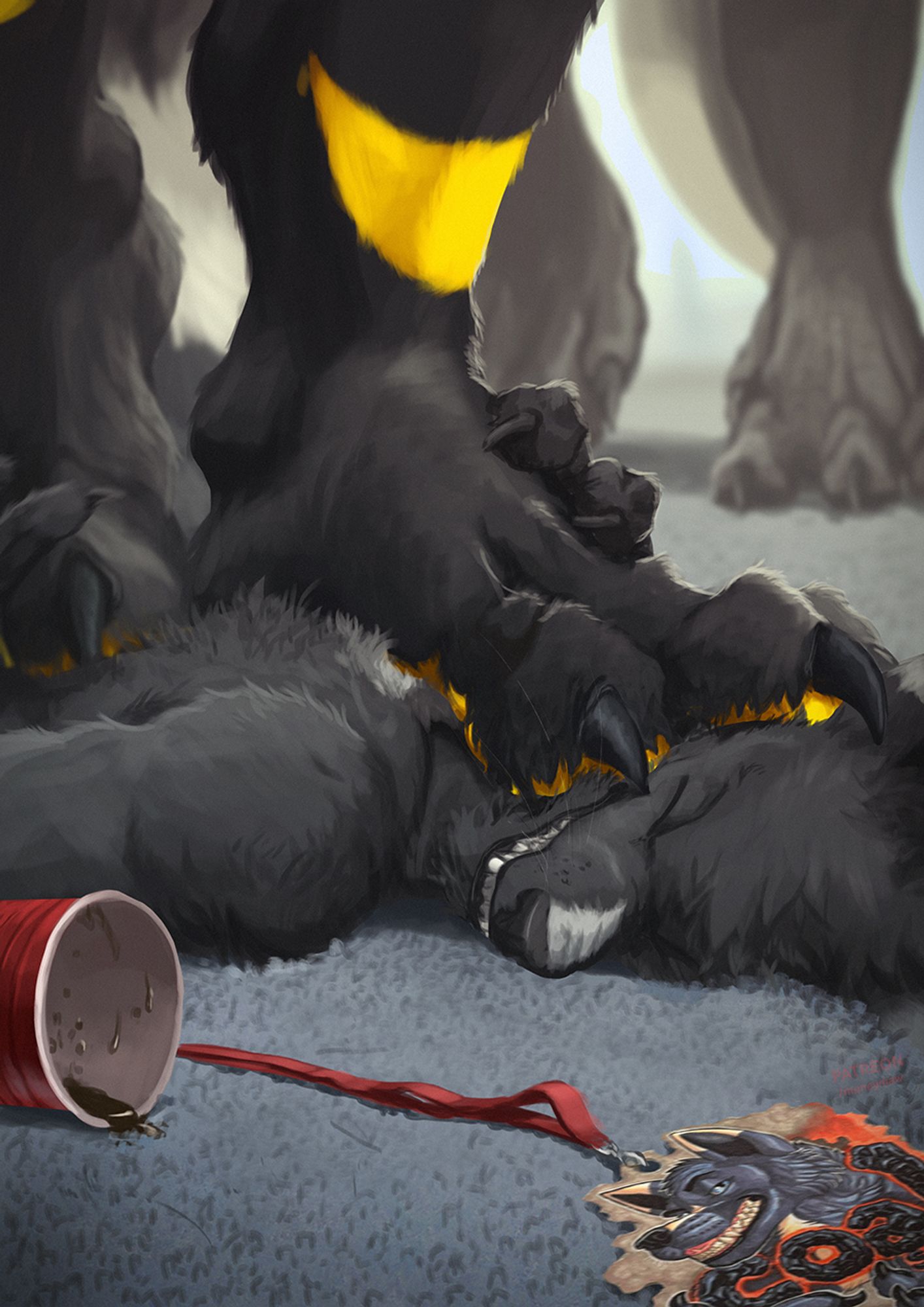 Illustration of Coal's character pinned under Rexis's paw, clearly under heavy weight. Another pair of paws is visible in the background. In the foreground, a con badge and a red cup denote the scene is a furcon room party.