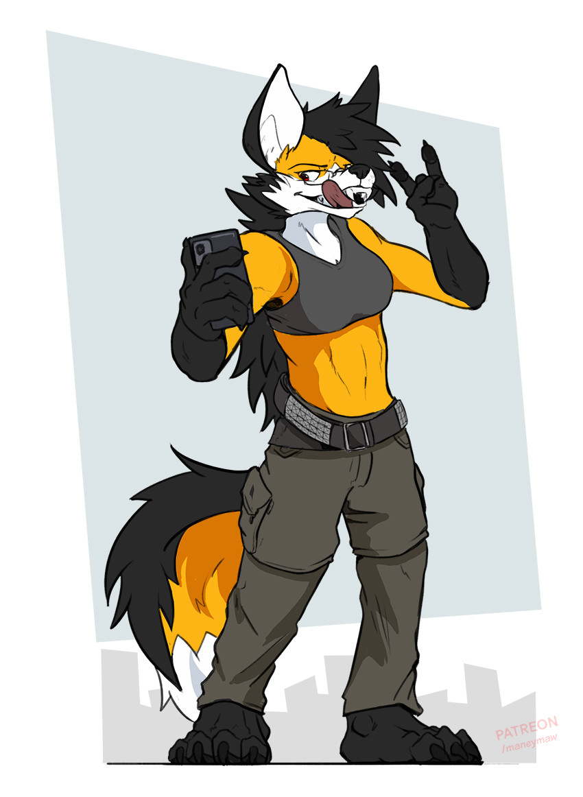 Coloured sketch of a genderbent version of Raf. She's taking a selfie while showing her teeth and tongue, her other hand making the devil horns gesture.