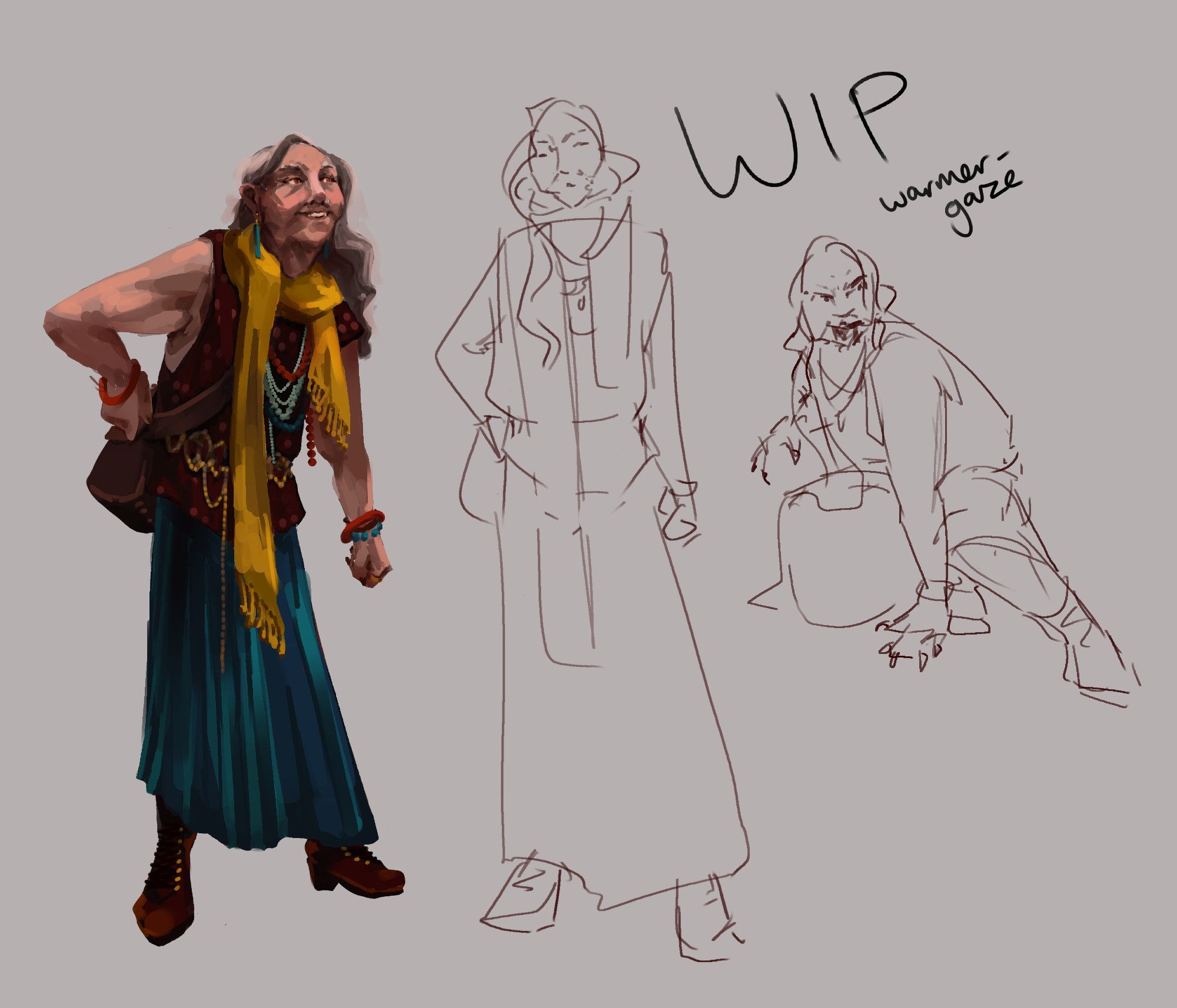 Text reads WIP. One painting and two rough sketches of the same character in different poses - in the first, she looks elderly and hunched over, the second she stands up straight and intimidating, the third she crouches down with claws out and blood dripping down her chin. She is a pale older woman with long grey hair, and a hippie appearance - metallic blue long skirt, floral sleeveless top, bright yellow scarf, and lots of beaded and metal accessories.