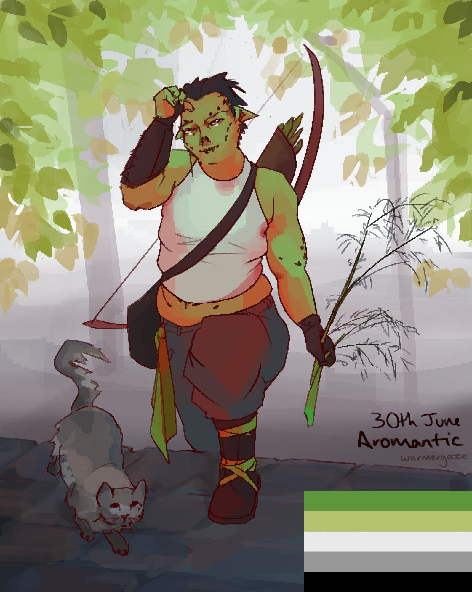 Illustration of a mildly exasperated character and a grey cat stepping up towards the camera with a foggy forest background. The character is a gith, with green skin and dark markings, midsize with short spiky dark hair, a white vest, dark trousers, bracers/gloves, quiver, cross-body bag and boots, a bow on her back, and a green cloth tied to her waist. She is carrying a sprig of giant fennel. The image has the words "30th June Aromantic" and the aromantic pride flag in the corner.