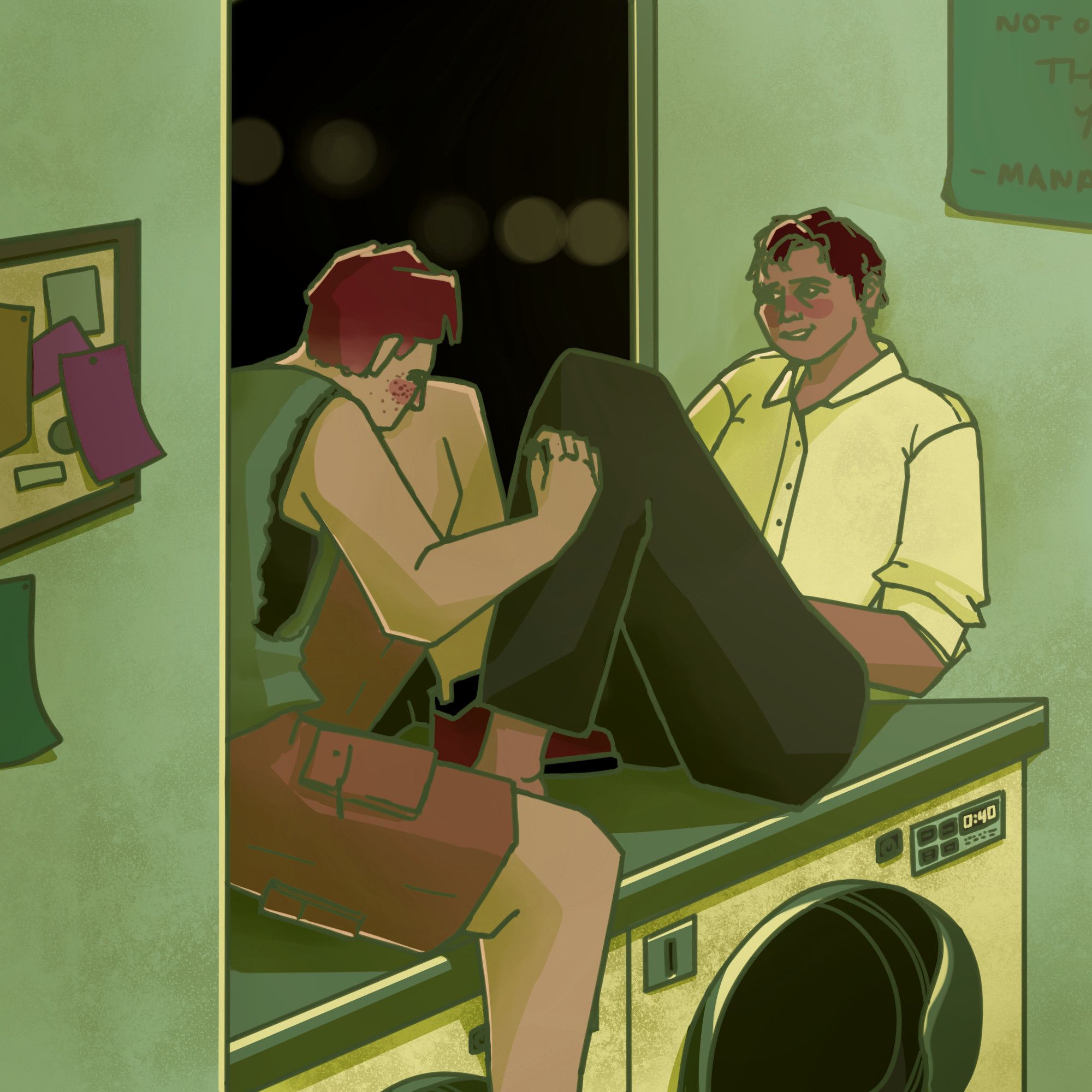 Illustration of two characters in a laundromat, sitting on top of washing machines with a dark window behind them. One figure with light skin, brown hair, freckles, cargo shorts, vest and binger is picking a piece of lint off the trousers of the other, who has darker hair, medium-light skin, and more formal trousers and button-up shirt, looking fondly at the other.