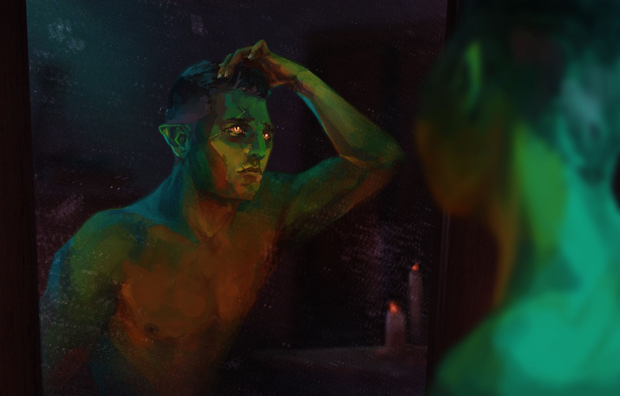 Moody painting of Fjord from Critical Role adjusting his hair in a mirror with a concerned expression. He is a green half-orc with piercing yellow eyes, a dark greying short quiff and is shirtless. He is in a dark room containing candles with bright light lighting him up from behind. His face is scarred and his skin is yellower at the bottom of his face and on his chest.