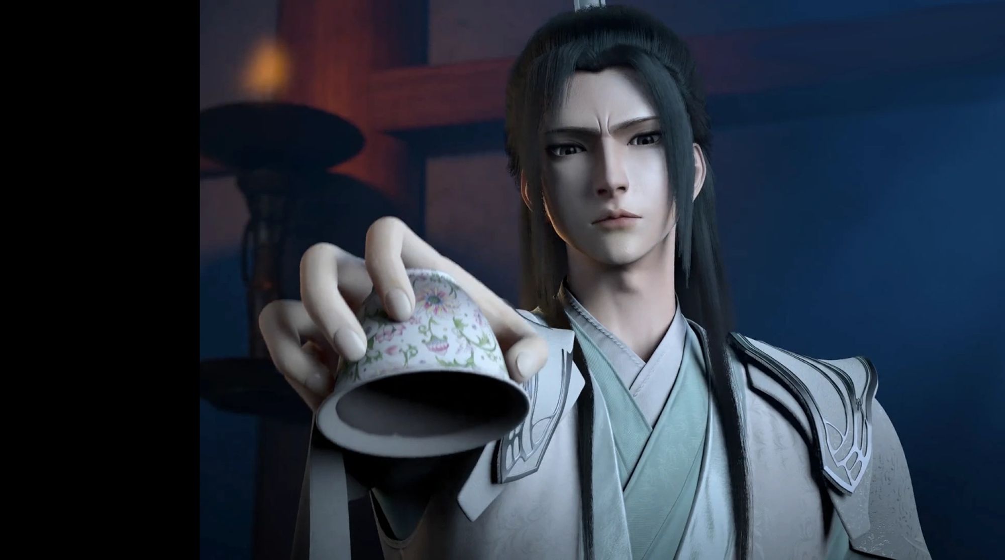 screenshot do donghua de scum villain de quando o shen jiu derrama chá no luo binghe