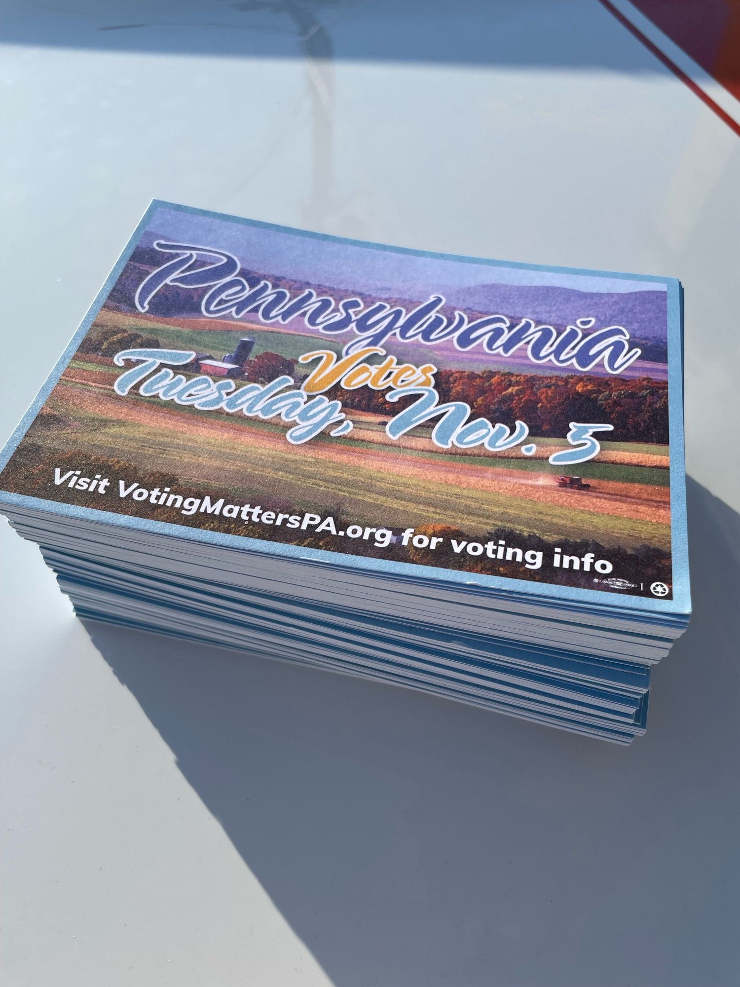 A stack of 200 postcards ready to go to Pennsylvania voters.